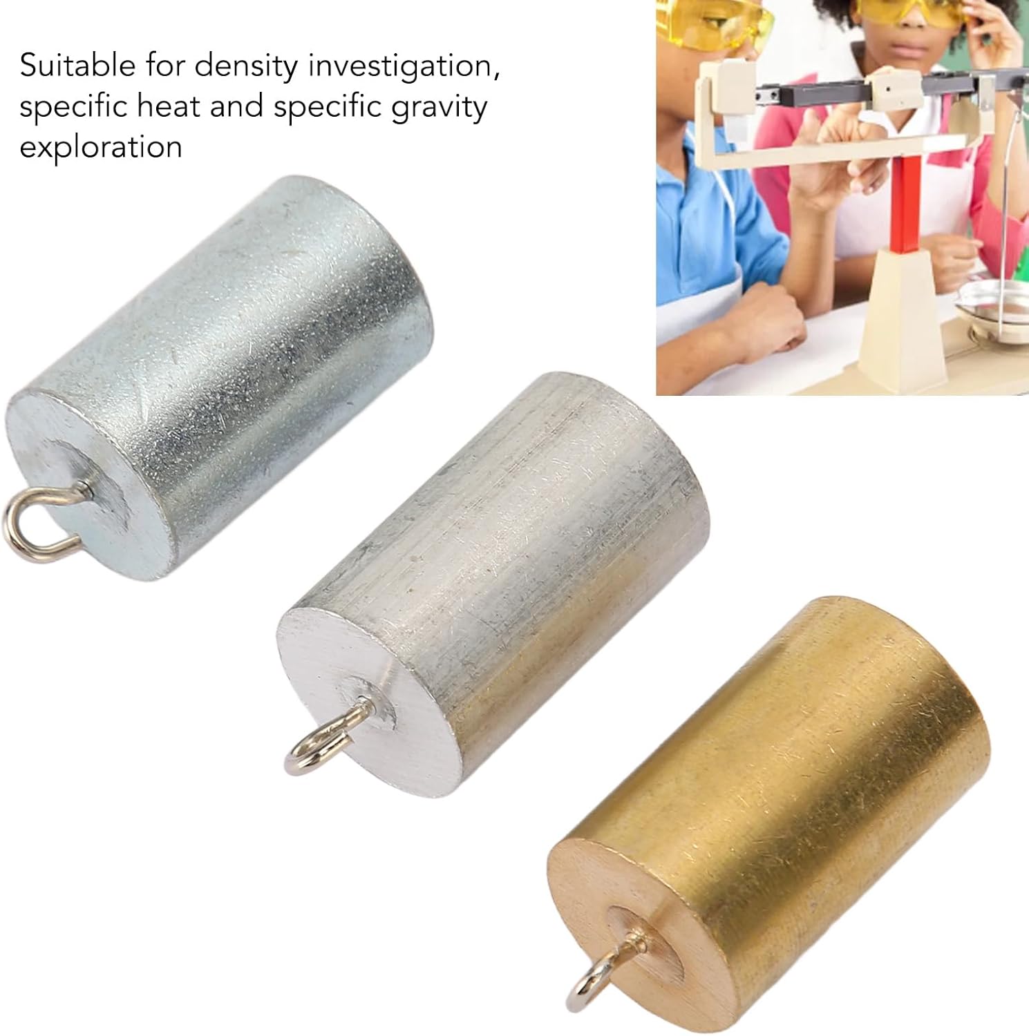Metal Density Blocks, 3Pcs Copper Iron Aluminium Cylinder Style Metal Cylinders Set with Hooks for School Laboratory Education