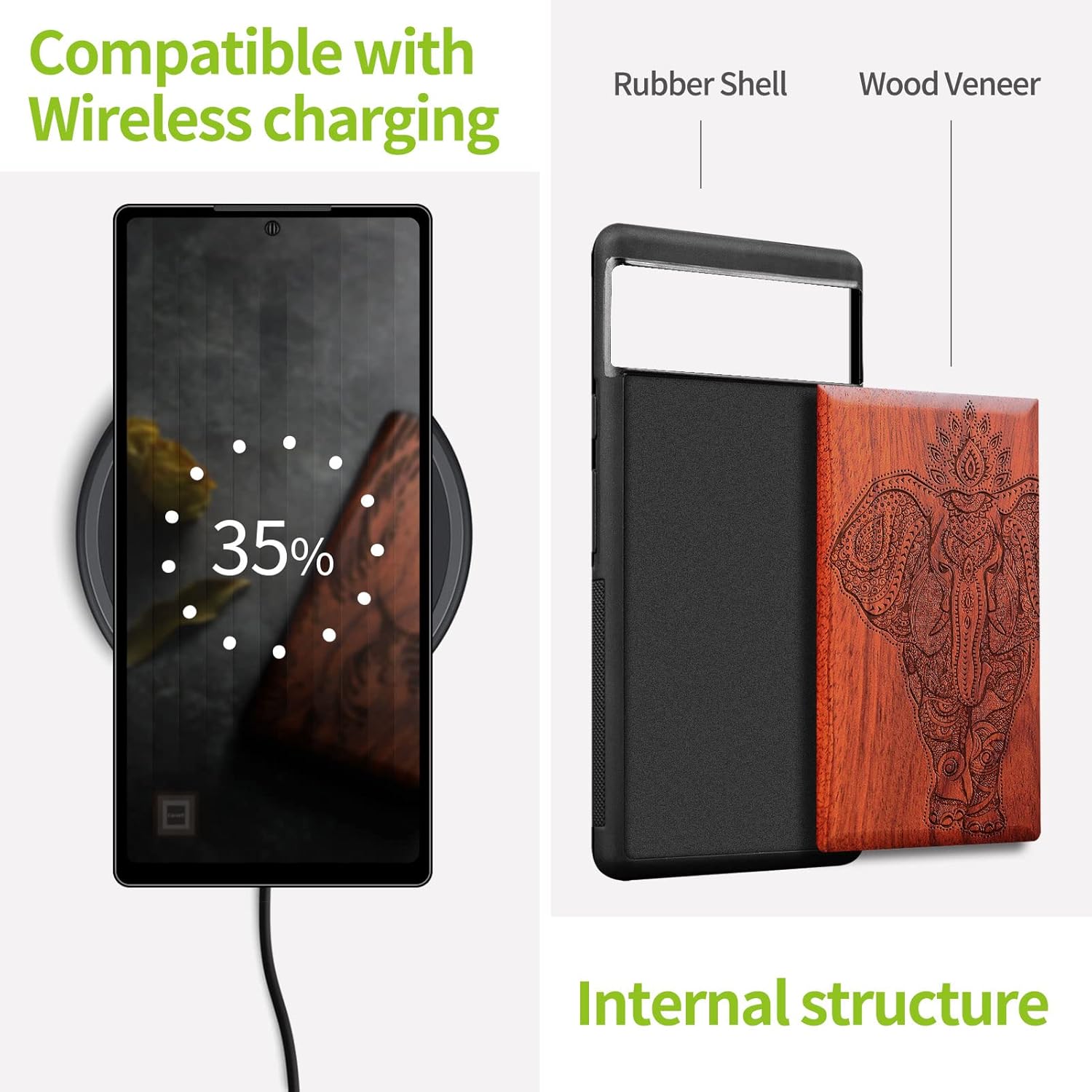 Carveit Wood Case for Pixel 6a Case [Natural Wood & Black Soft TPU] Shockproof Protective Wooden Cover Compatible with Google Pixel 6a (Indian Lotus Elephant-Rosy)