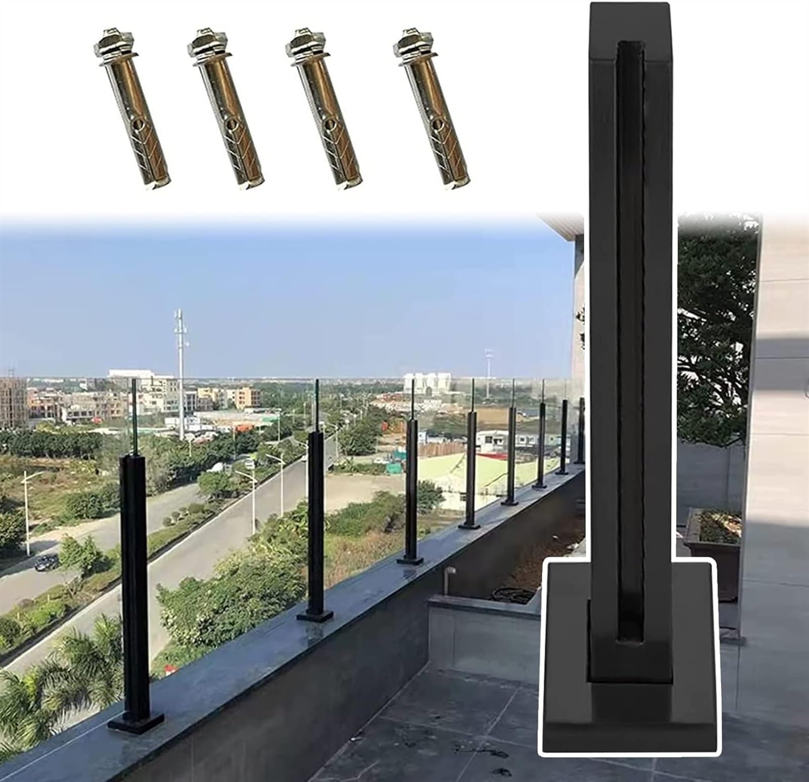 Poste de barandilla de vidrio negro de 95cm para terminal de balcón