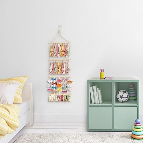 Miniatura 5 de Mkono Soporte para diadema de moño de pelo bohemio para niñas, colgador de lazo de macramé con 30 ganchos, soporte para lazo para cuarto del bebé,