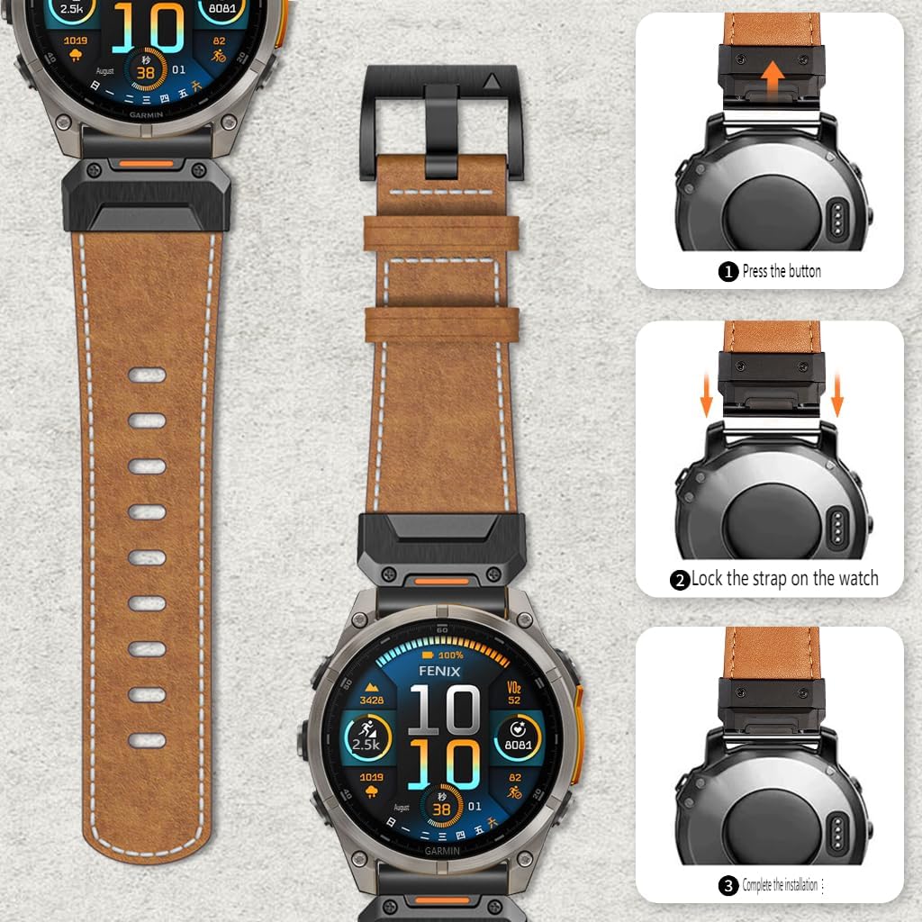 22mm & 26mm Watch Band for Garmin Fenix 8 47mm/51mm, Fenix 7/6/5, Fenix 7X/6X/5X, Epix Pro Gen 2 47mm/51mm, Forerunner 965/955/945, Genuine Leather Band for Instinct 2X, Tactix Delta/Enduro