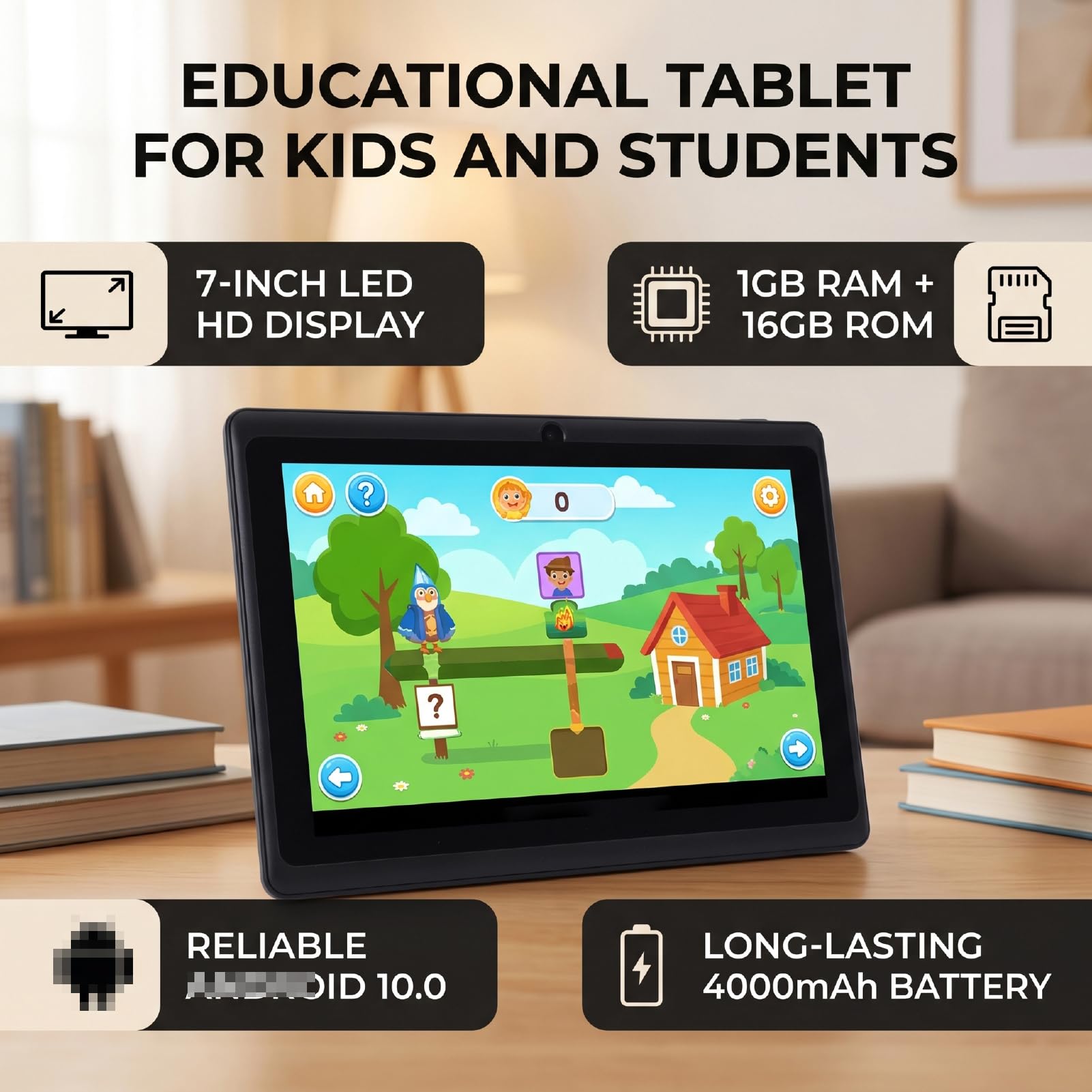 XUMIUZIY Tablet per Bambini da 7 Pollici, Tablet Android 10.0 con Schermo di Protezione per Gli Occhi HD, 1 GB di RAM 16 GB di Rom, Doppia Fotocamera da 2 MP + 5 MP, Batteria da 4 (Black)