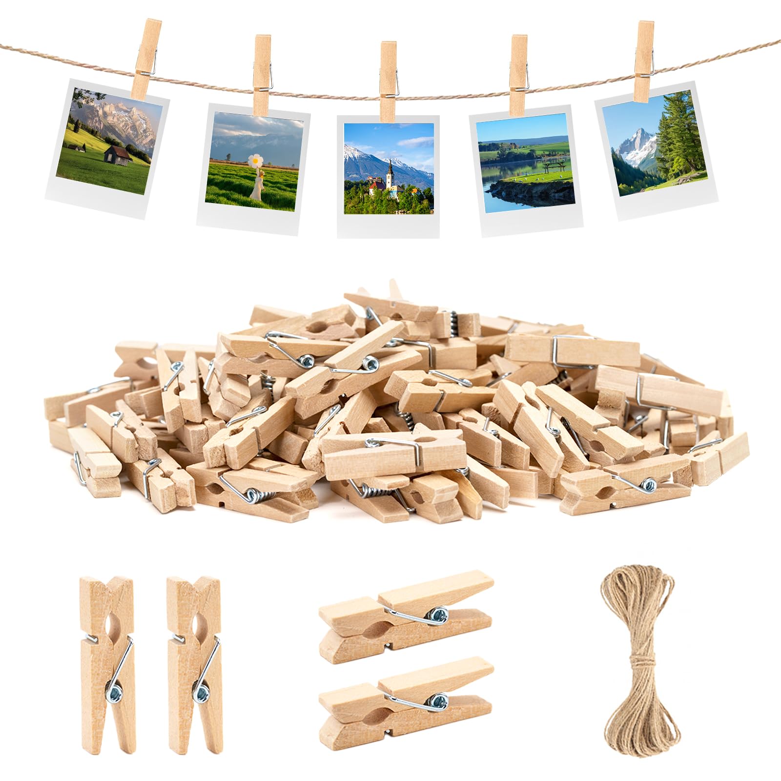jijAcraft 50Pcs Small Wooden Pegs: 3.5cm Mini Photos Pegs, Photo Display Clips for Hanging Cards, Natural Wooden Peg with 10M Jute String for Crafts, Birthday, Wedding, Party Wall Decortaion