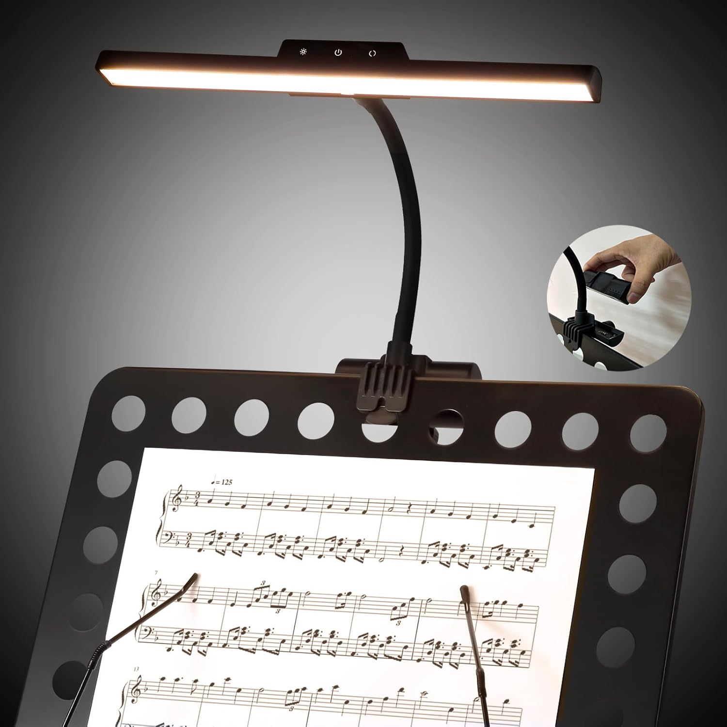 Super Bright Music Stand Light, LED Clip On Light,Magnetic Base, Removable Rechargeable Battery Operated, Long-Lasting USB-C Eye-Care Clamp Lamp, Gooseneck Design for Sheet Music, Black