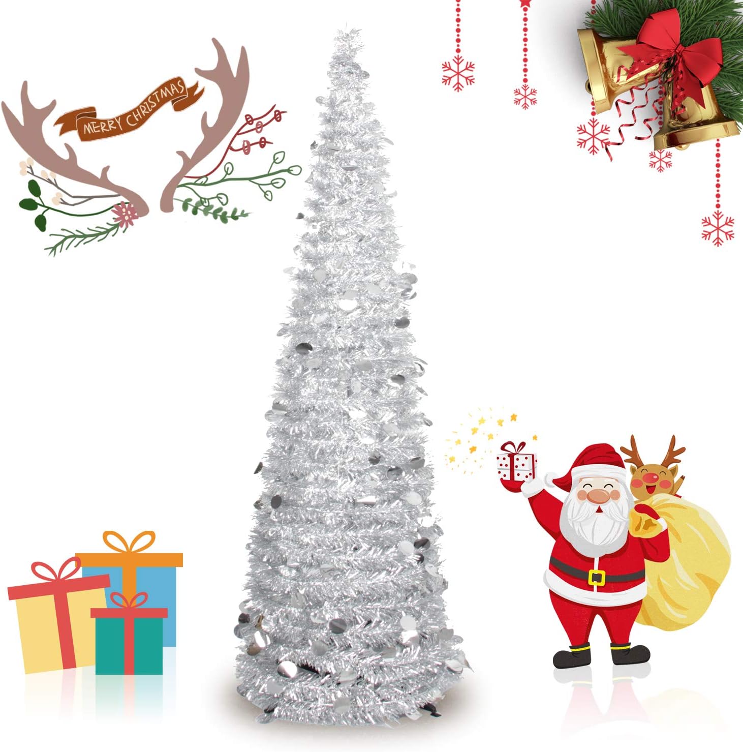 INCX 5ft Pop Up Christmas Tinsel Tree Xmas,Collapsible Christmas Tree with Stand for Indoor and Outdoor Holiday Home Display,Silver