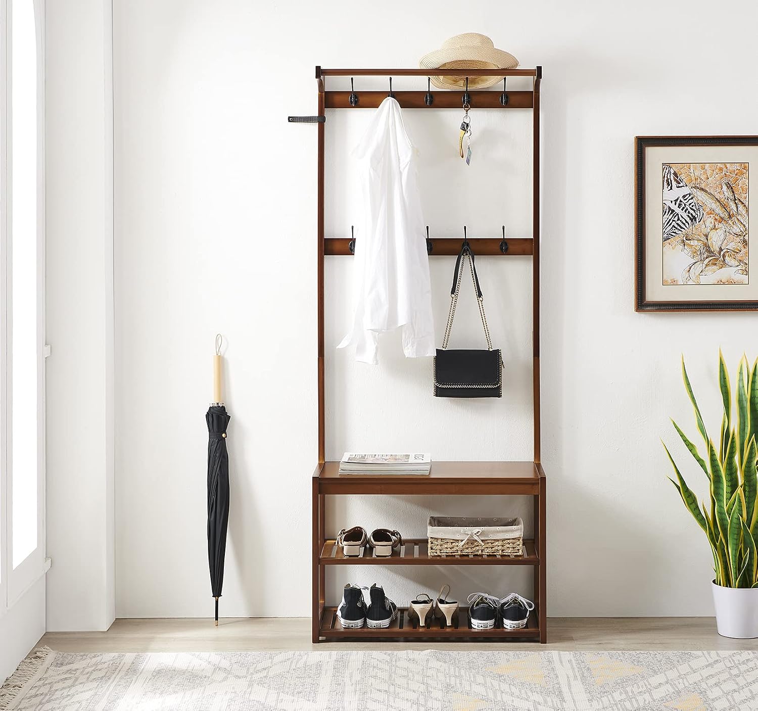 SEIRIONE Entryway Coat Rack Shoe Bench Storage Shelf, 3-In-1 Design Bamboo Hall Tree for Entrance, Foyer, Mudroom etc, 10 Double Hooks, Easy Assembly