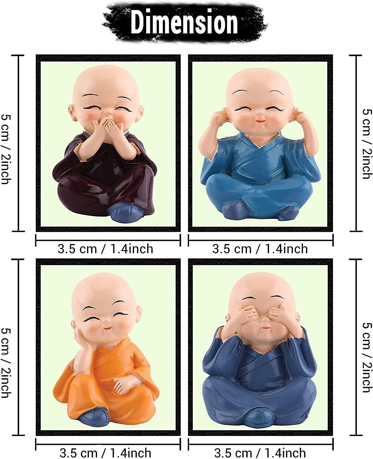 TIED RIBBONS Mini Monk Buddha Statue Set of 4 | See Hear Speak No Evil Baby Monk Figurines | Resin Mini Buddha for Car Dashboard, Zen Desk Decor, Feng Shui, Spiritual Gift, Home image 4
