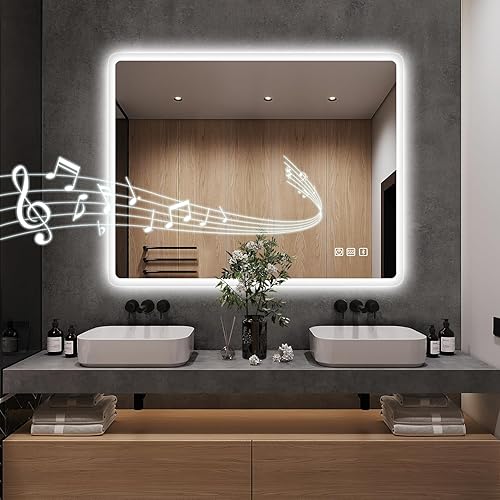 S'bagno Espejo de baño con iluminación LED de 36 x 28 pulgadas, para montaje en pared, regulable, espejo de tocador con altavoz Bluetooth, botón