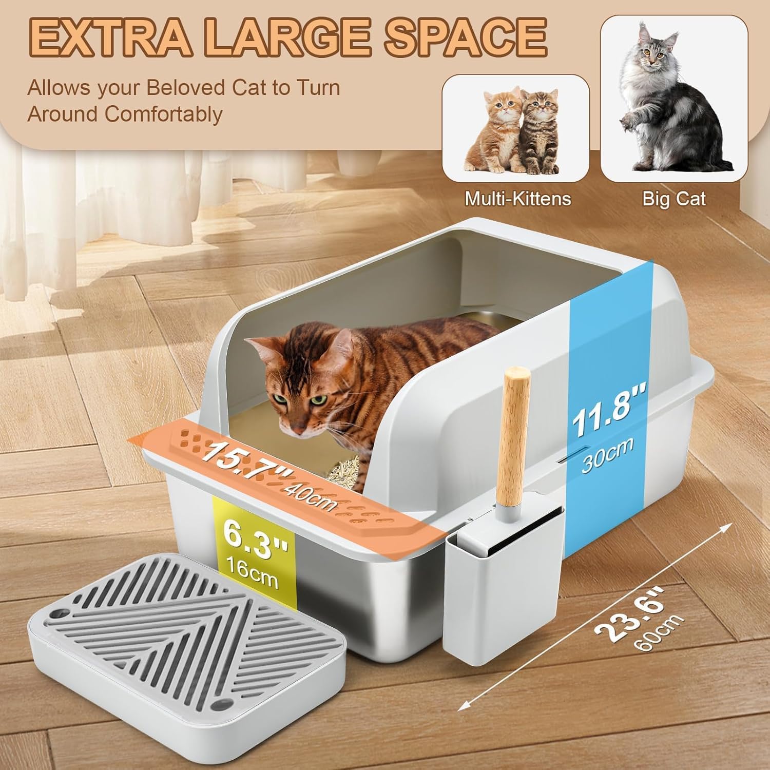 Stainless Steel Cat Litter Box with Lid, XXL Large Enclosed Hign-Sided Litter Box with Removable Lid, Carbon Filters -Odor Free, Easy Cleaning, Anti-Urine Leakage for Big Cats (Grey-2)