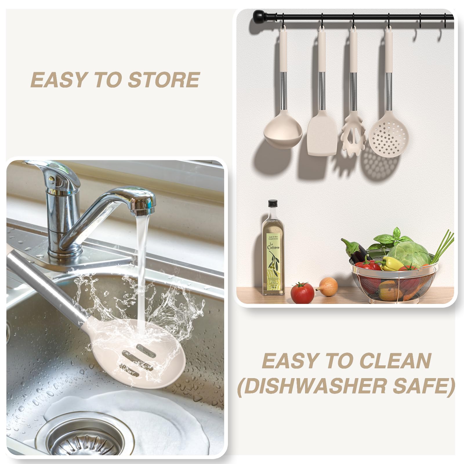 AIKKIL Set di utensili da cucina in silicone resistente al calore, spatole con supporto, set di 30 utensili da cucina kaki per pentole antiaderenti (senza BPA)