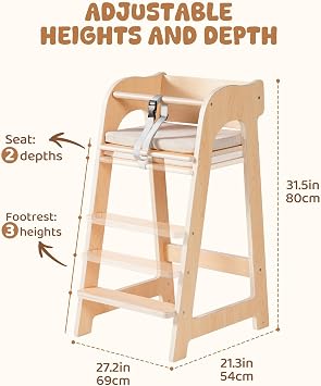 ROBUD Wooden High Chair for Baby 6M+, Adjustable Seat Footrest up to 40kg