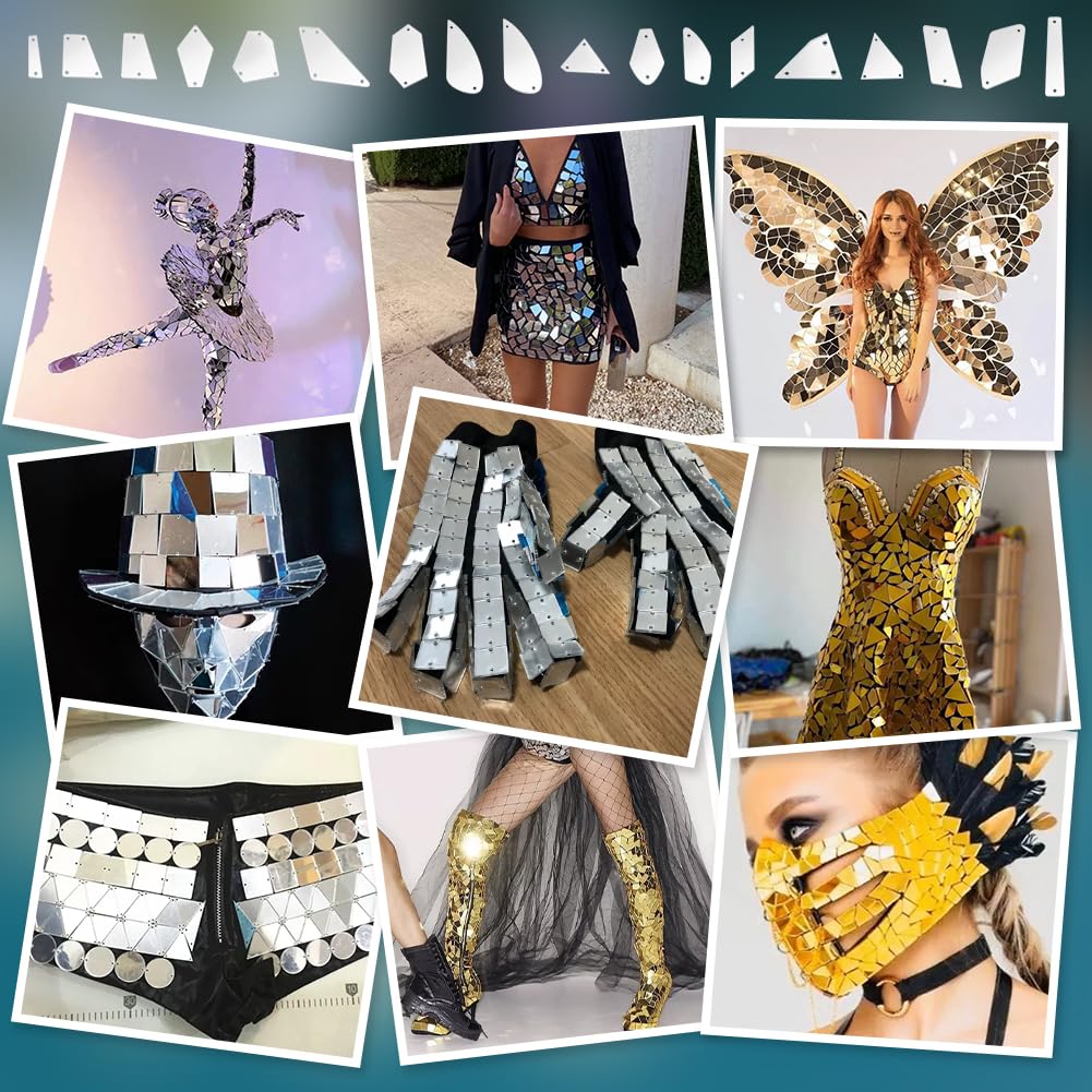 PH PandaHall 180 piezas de diamantes de imitación de espejo para coser, 18 estilos, plata para coser en espejo acrílico, cuentas de espejo con parte trasera plana, piezas acrílicas con agujero para