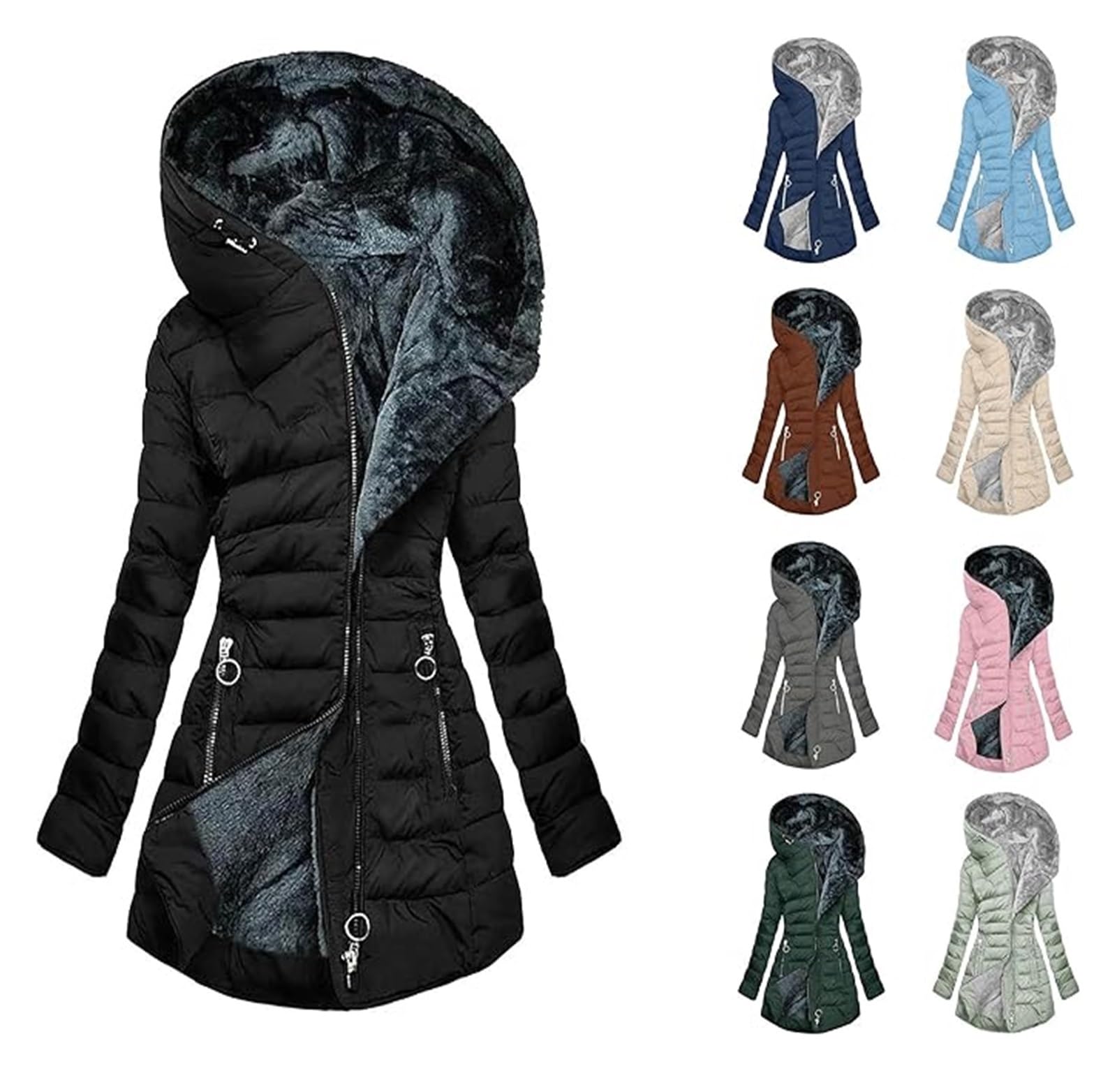 Ropa De Invierno De Forro Polar De Gran Tamaño Con Bolsillos, Abrigo Acolchado Ligero Con Cremallera Sólida, Forro Sherpa For Mujer, Abrigo De Invierno Cálido Con Capucha, Ropa De Abrigo
