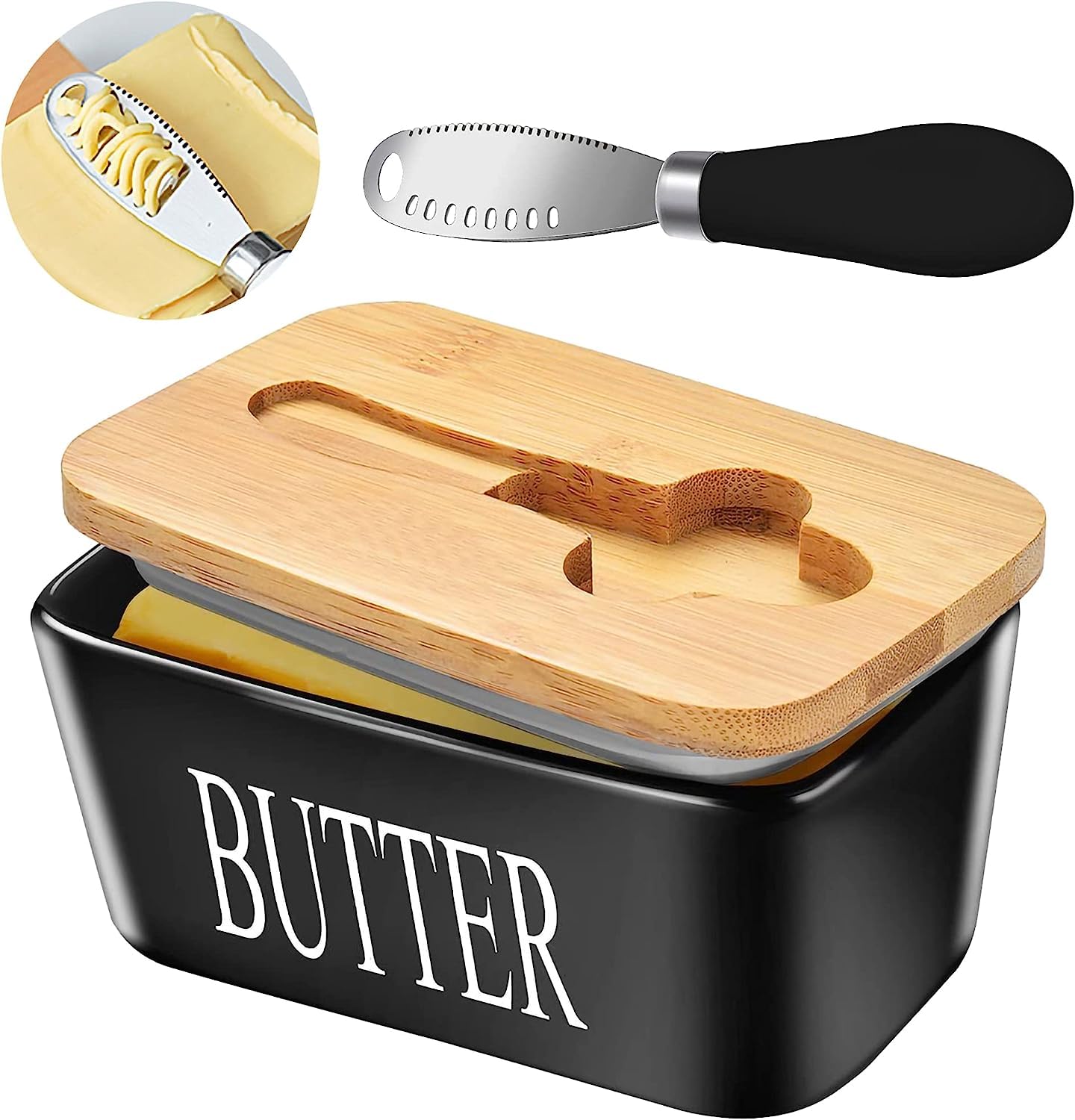 Ceramic Butter Dish with Wooden Lid & Stainless Steel Knife, Airtight Butter Keeper for Counter or Fridge, Double Silicone