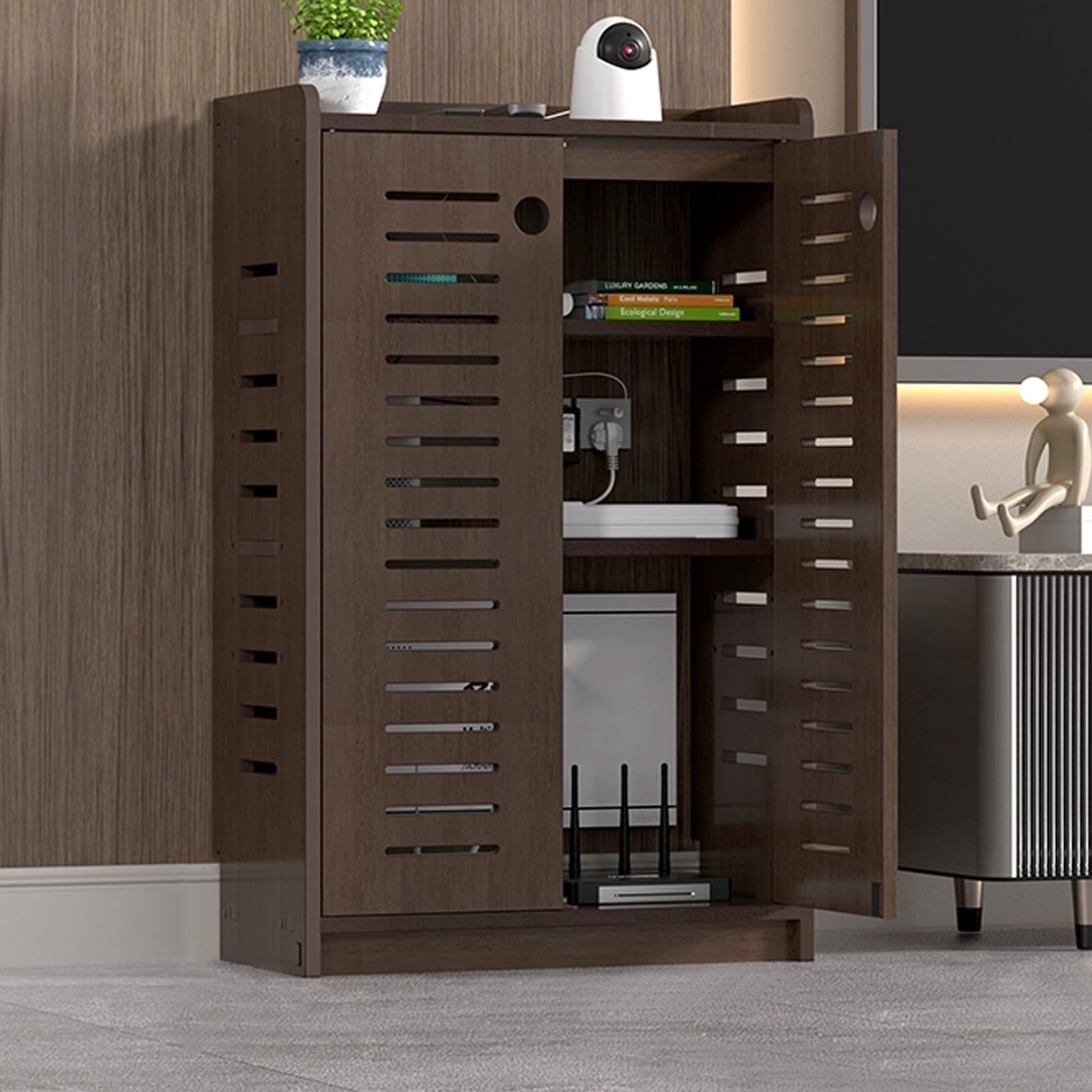 MESCXTY WiFi Router Hidden Box Home Media Storage Cabinet, Double-Deck Shelf Invisible Storage, Power Strip and Cable Management Hider Organizer(Brown,50x80x25cm)