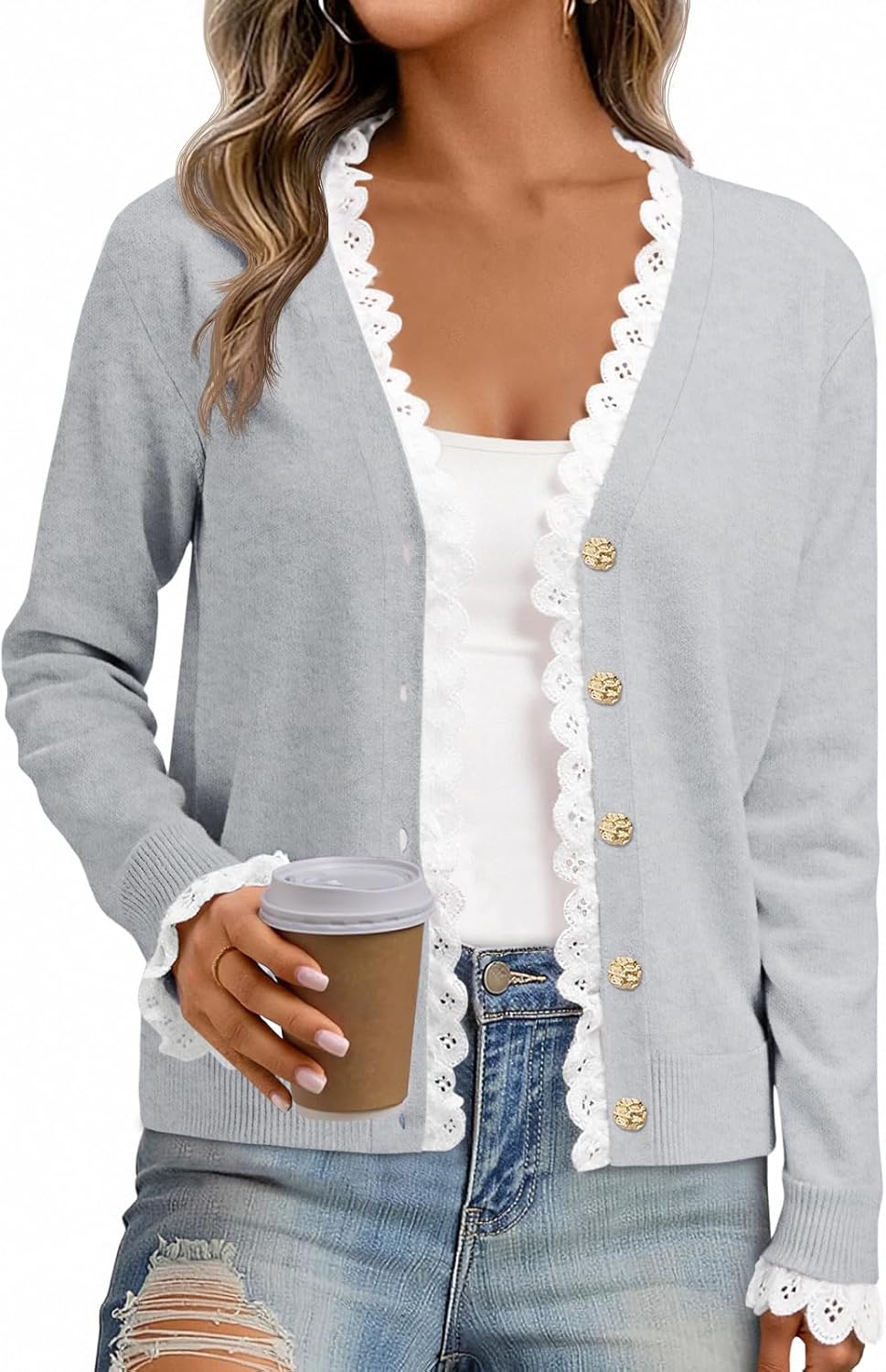 Cicy Bell Womens Lace V Neck Cardigan Sweaters Button Down Long Sleeve Knit Tops Fall Trendy Lightweight Open Front Sweater
