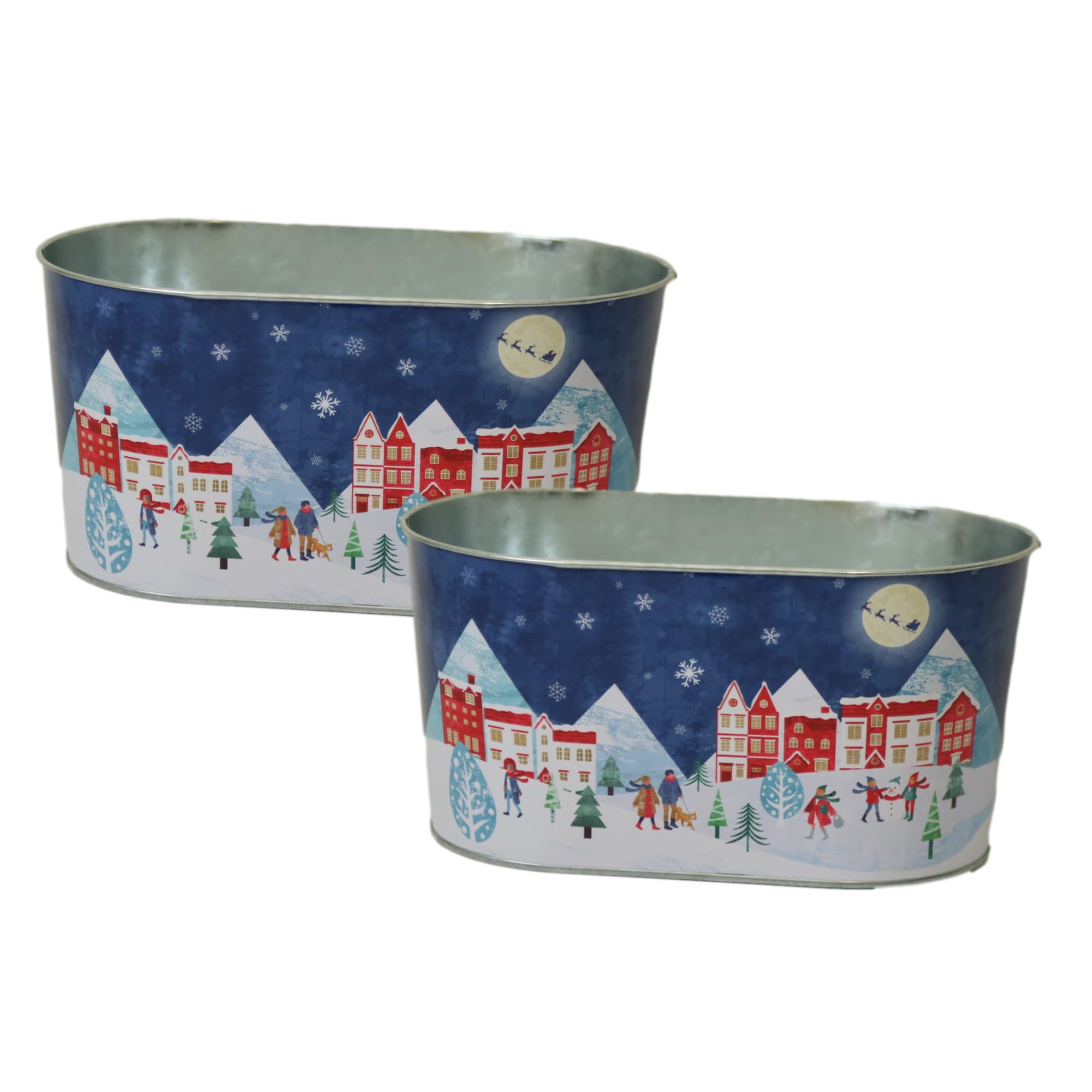 Fyne-Finds Blue Oval Zinc Trough 23Cm, 9Inch Christmas Village Scene Festive Winter Town Indoor Outdoor Flower Pot Holiday Home Garden Planter Tub (2)
