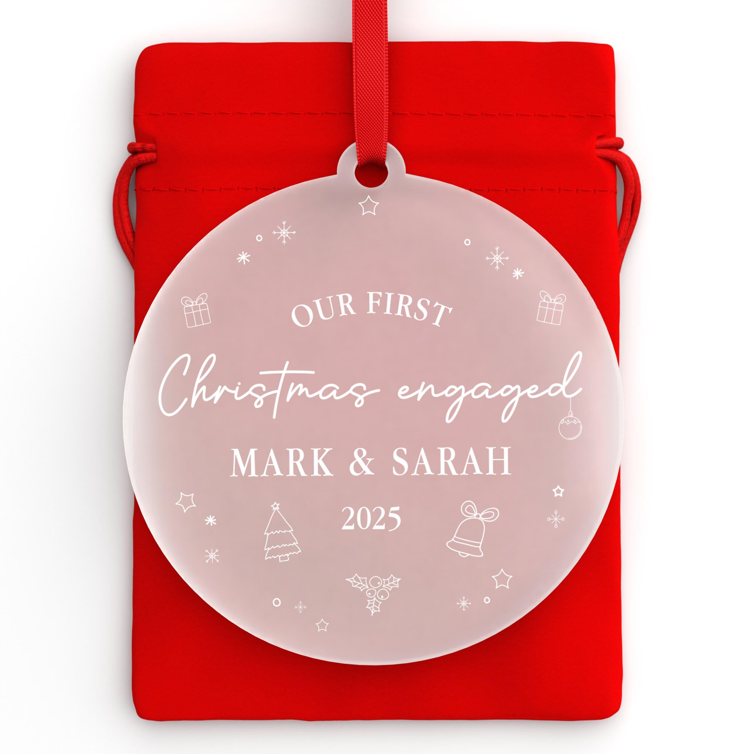 Beecreative Personalised First Christmas Engaged Tree Decoration | Our First Christmas Engaged Decoration With Red Bag