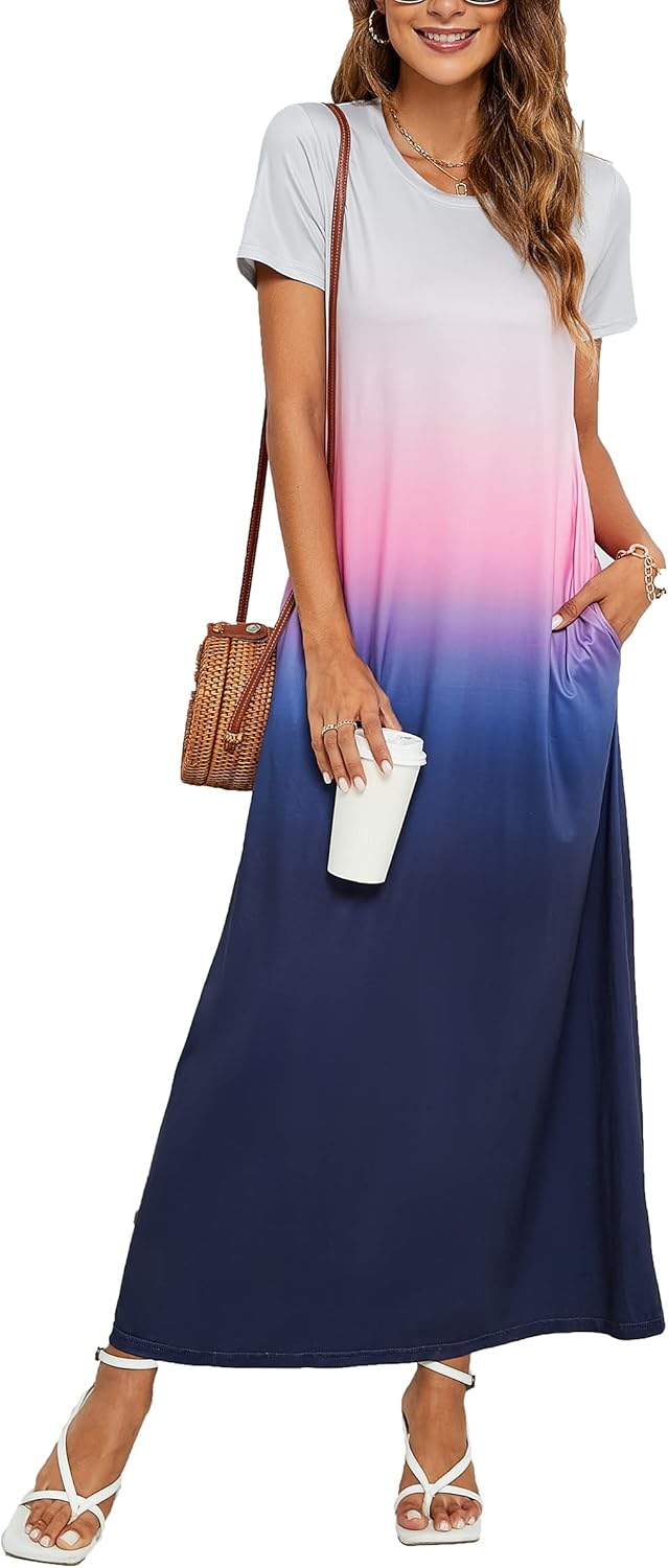 Hount Women's Summer Short Sleeve Maxi Dresses Casual 2025 Loose Beach Sundresses Tshirt Dresses with Pockets