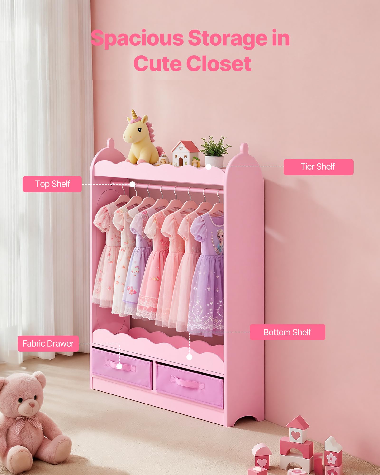 VEVOR Armario de Disfraces para Niños con Espejo, Perchero Infantil con Cajones, Organizador de Ropa, Mueble de Madera Estilo Cuento de Hadas con Barra y Compartimentos para Dormitorio, Juegos, Rosa