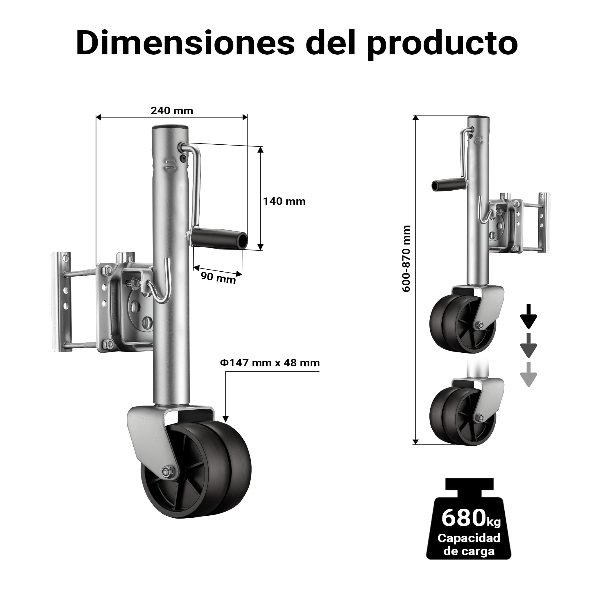 Wiltec Rueda de apoyo con dos neumáticos capacidad máx. 680 kg rueda jockey doble de alta resistencia ruedas de nylon rueda de apoyo para caravanas y remolques