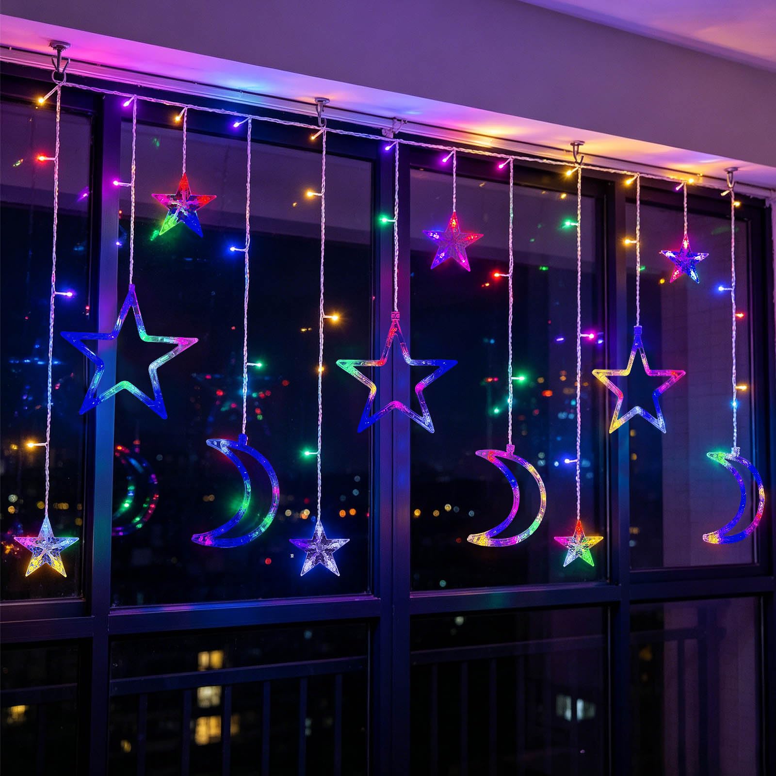 Guirnalda de luces de cortina de estrella de luna, 120 luces LED coloridas con USB y pilas, 8 modos de iluminación, IP65, impermeables, luces de noche estrellada para Navidad, Ramadán, boda