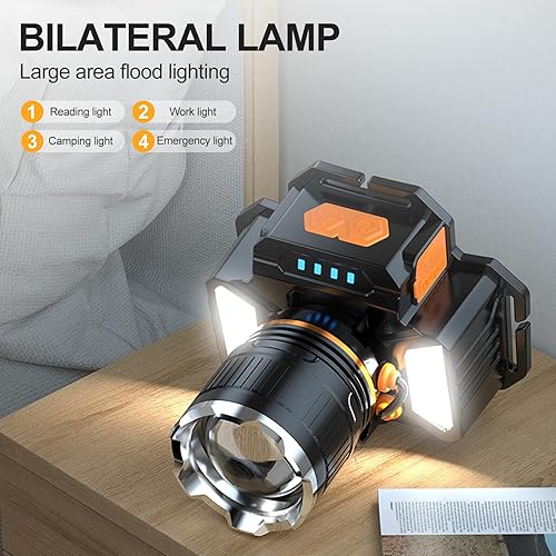 Miniatura 4 de Linterna frontal súper brillante, faro de alta potencia, foco con sensor de movimiento de lente de zoom, 5 modos de luz recargable USB, lámpara de