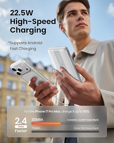 Miniatura 6 de Cargador portátil, delgado 10500mAh 22.5W cargador de energía de carga rápida con cables integrados y enchufe plegable de pared de CA, 4 salidas, 3