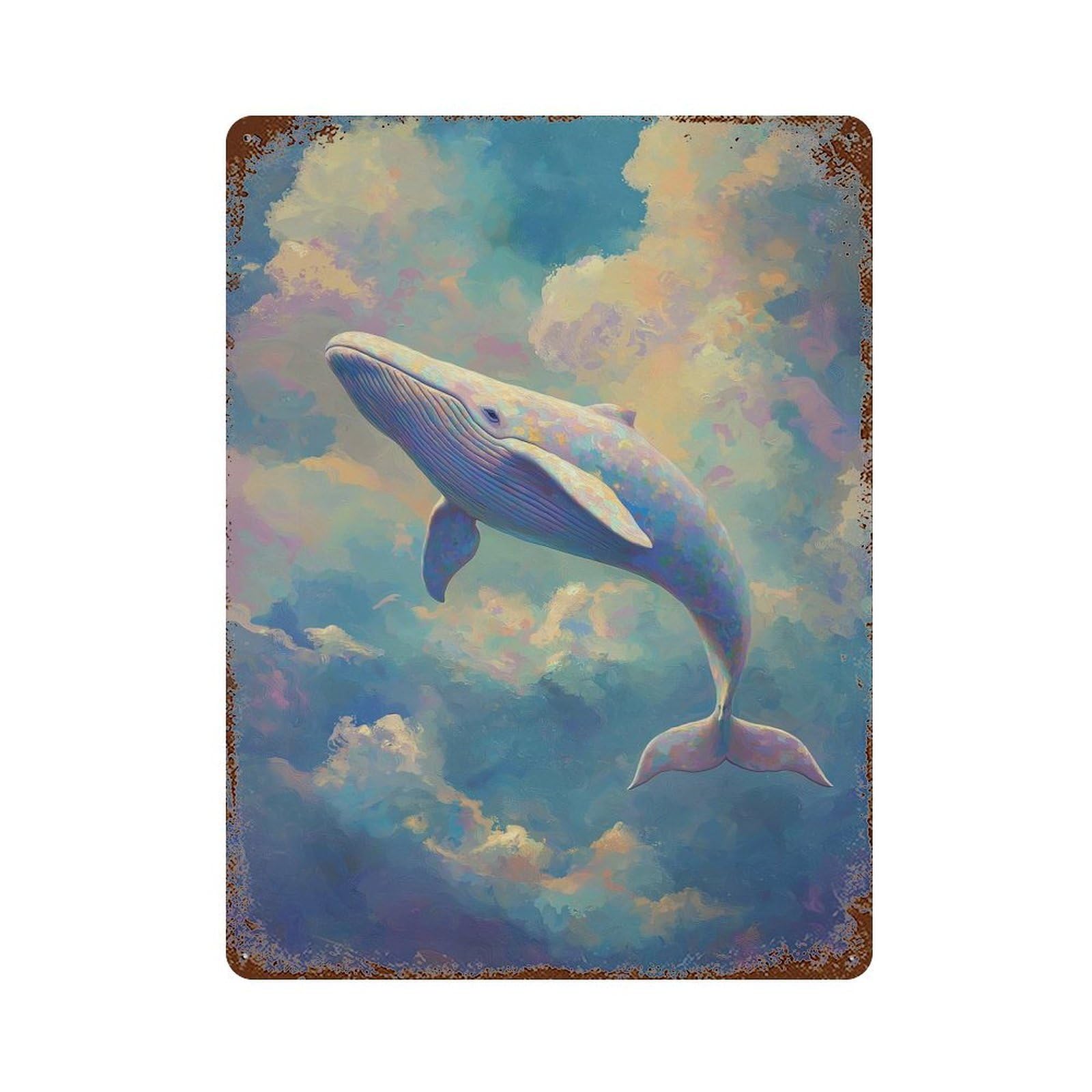 Retro Metal Sign with Whale in The Sky Painting Design 15.7"x11.8", for Living Room, Hallway And Home Decor, Farmhouse Wall Decor