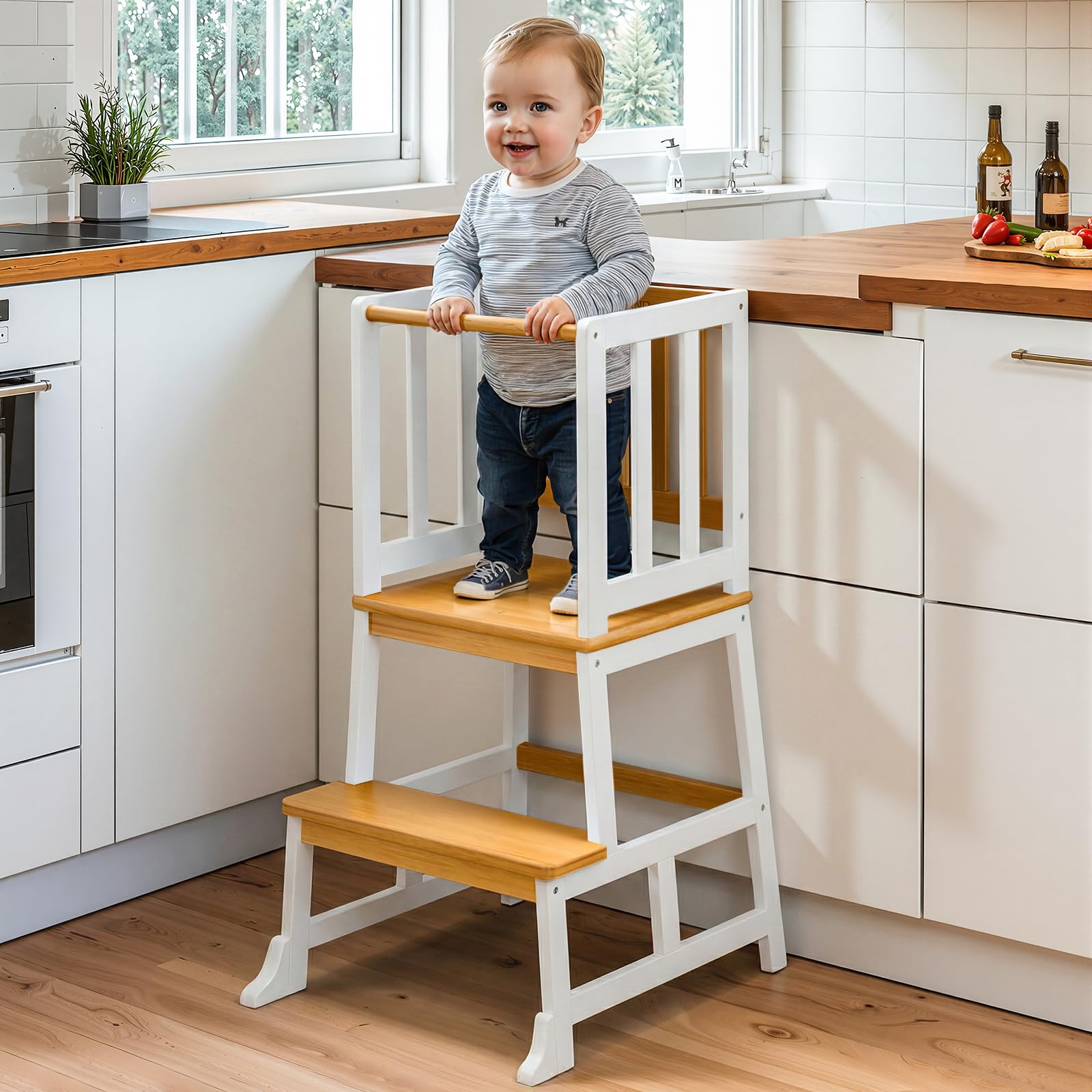 COSYLAND Nursery Step Stool for Kids - Toddler Standing Tower for Kitchen Counter - Mothers' Helper Kids Learning Stool in Kitchen - A Shaped Anti-tip Structure (Natural & White)