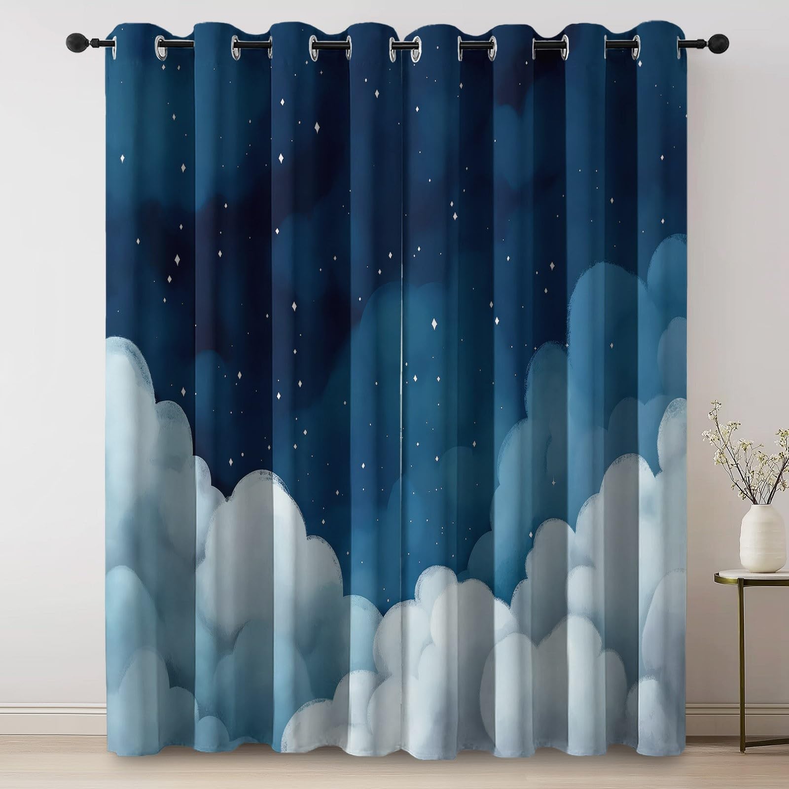 Rideaux Longs 140L X 260H cm (2 Panneaux), Nuages Aquarelle De Dessin Animé Imprimé, Tissu Occultant Épais pour Grand Salon et Loft, Bleu Foncé Gris