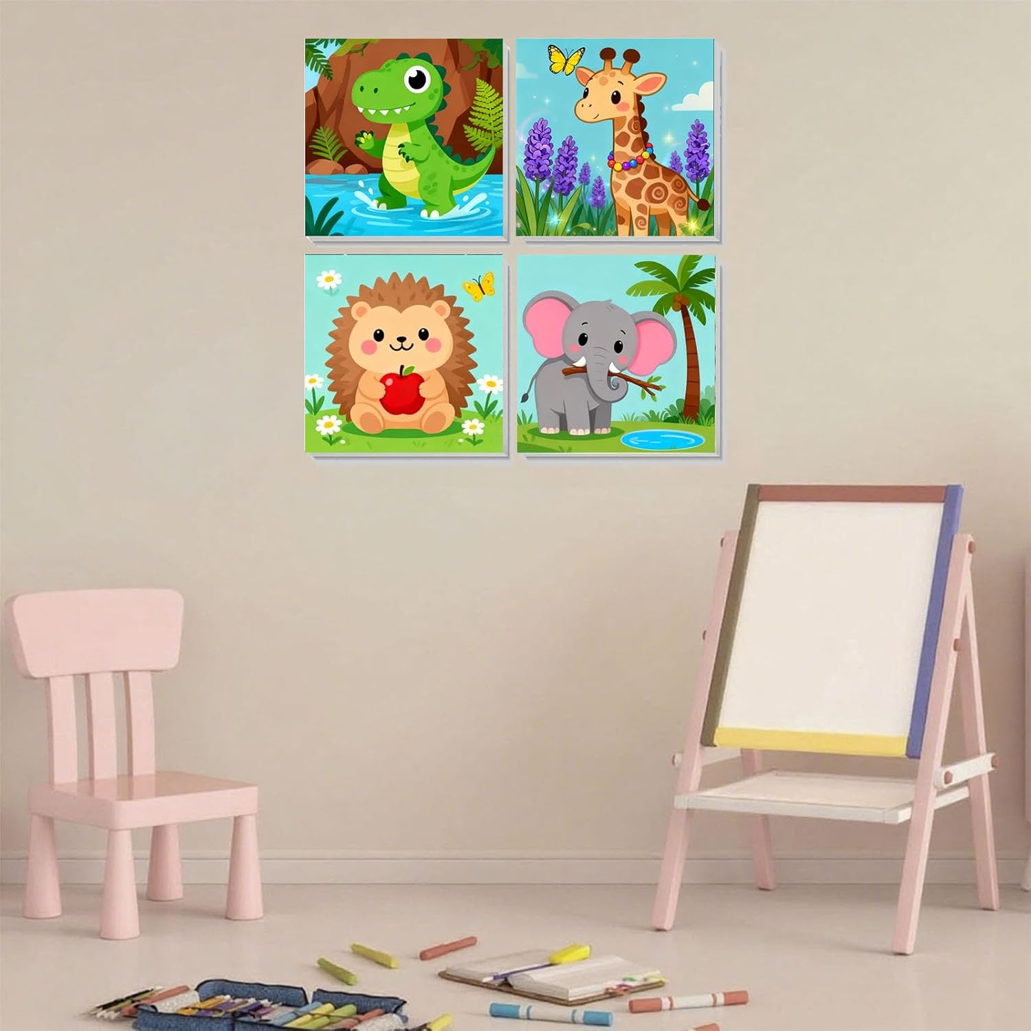 Arttoplus 4 Pack Paint by Numbers Kit for Kids with Frame, Animals Kids Paint by Numbers Ages 4-8-12 with Wooden Easel,Easy Cute DIY Acrylic Oil Painting by Number for Gift Home Wall Decor(8x8 inch)
