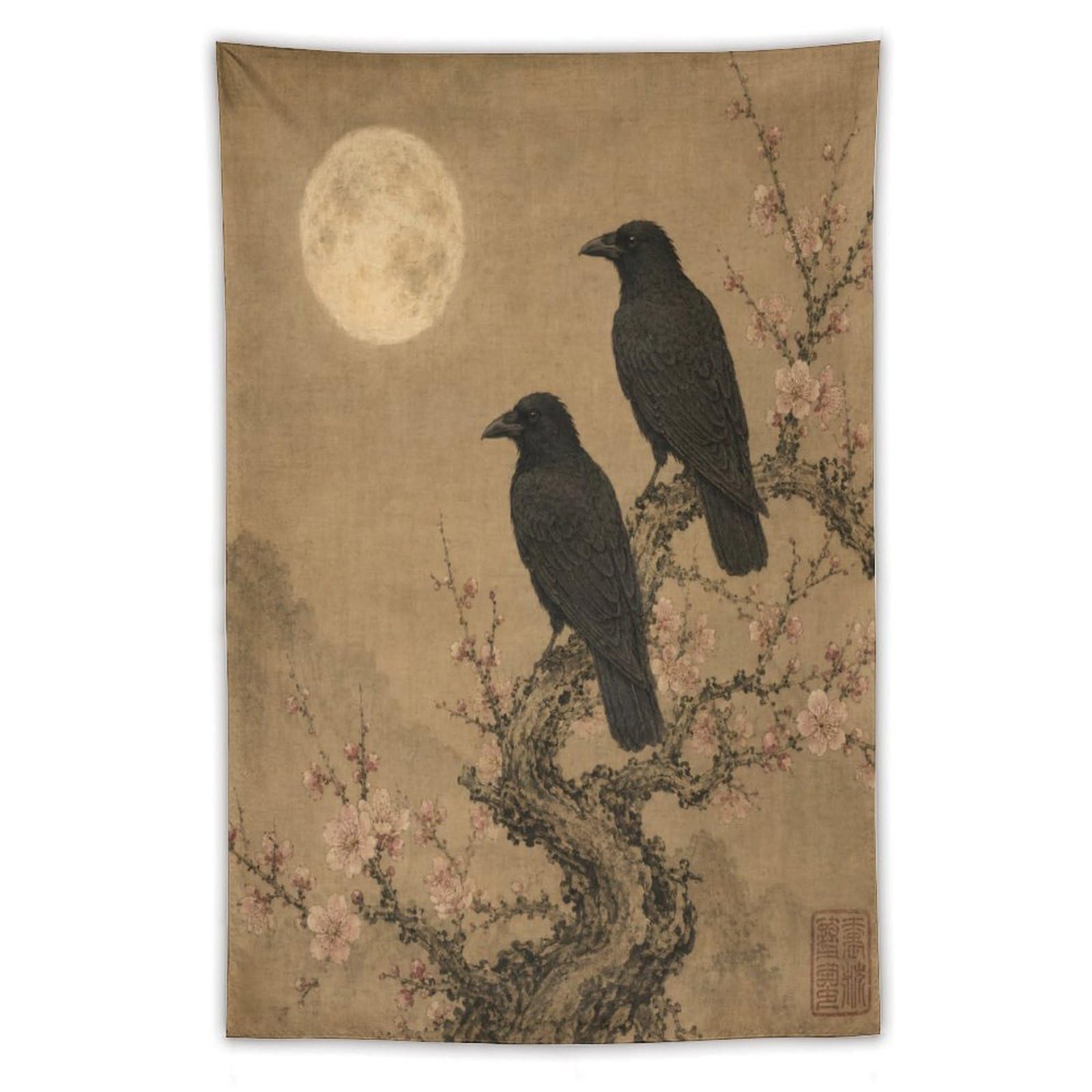 W7C8U2X3 Two Ravens on Moonlit Branch Wall Tapestry, Asian Ink Style