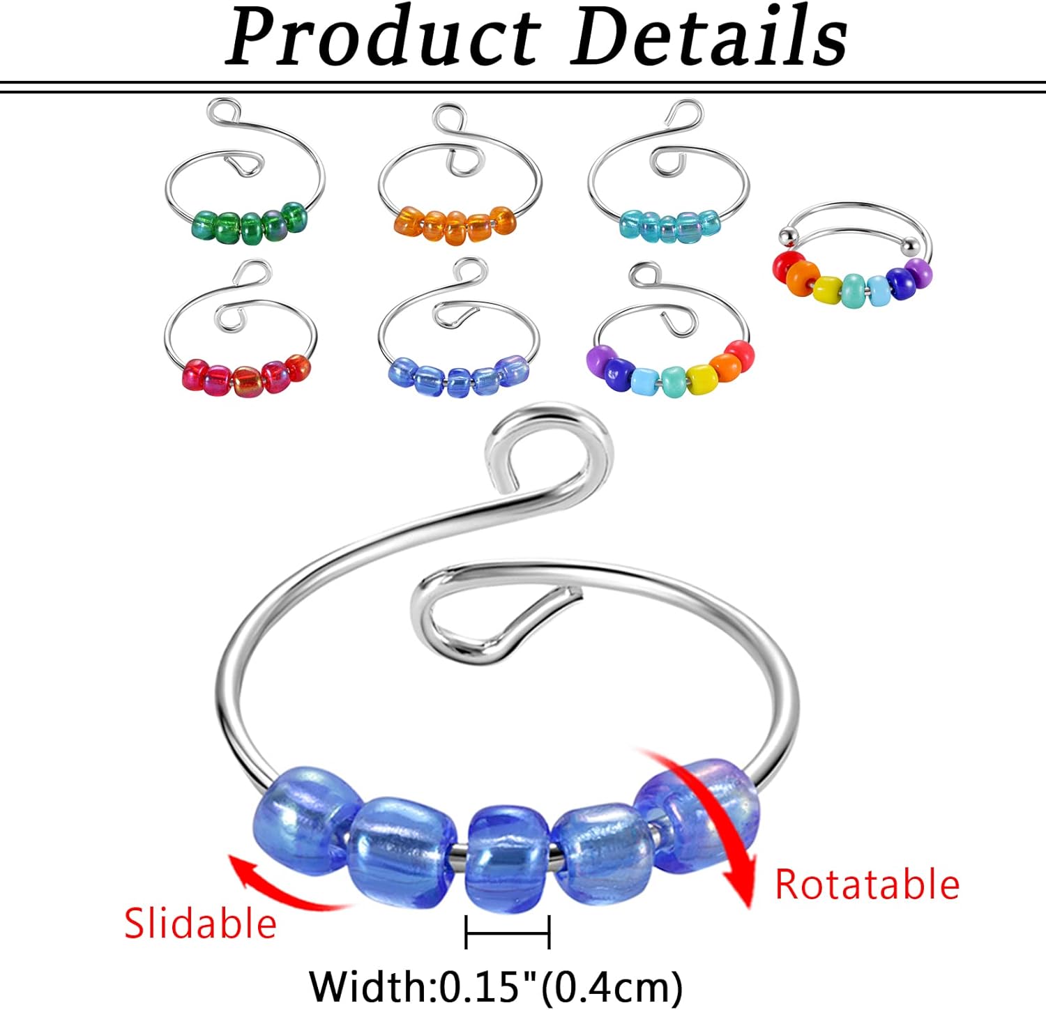 7PCS Adjustable Spinner Ring Fidget Ring, Stainless Steel Finger Ring with Beads Stress Relief Ring for Women