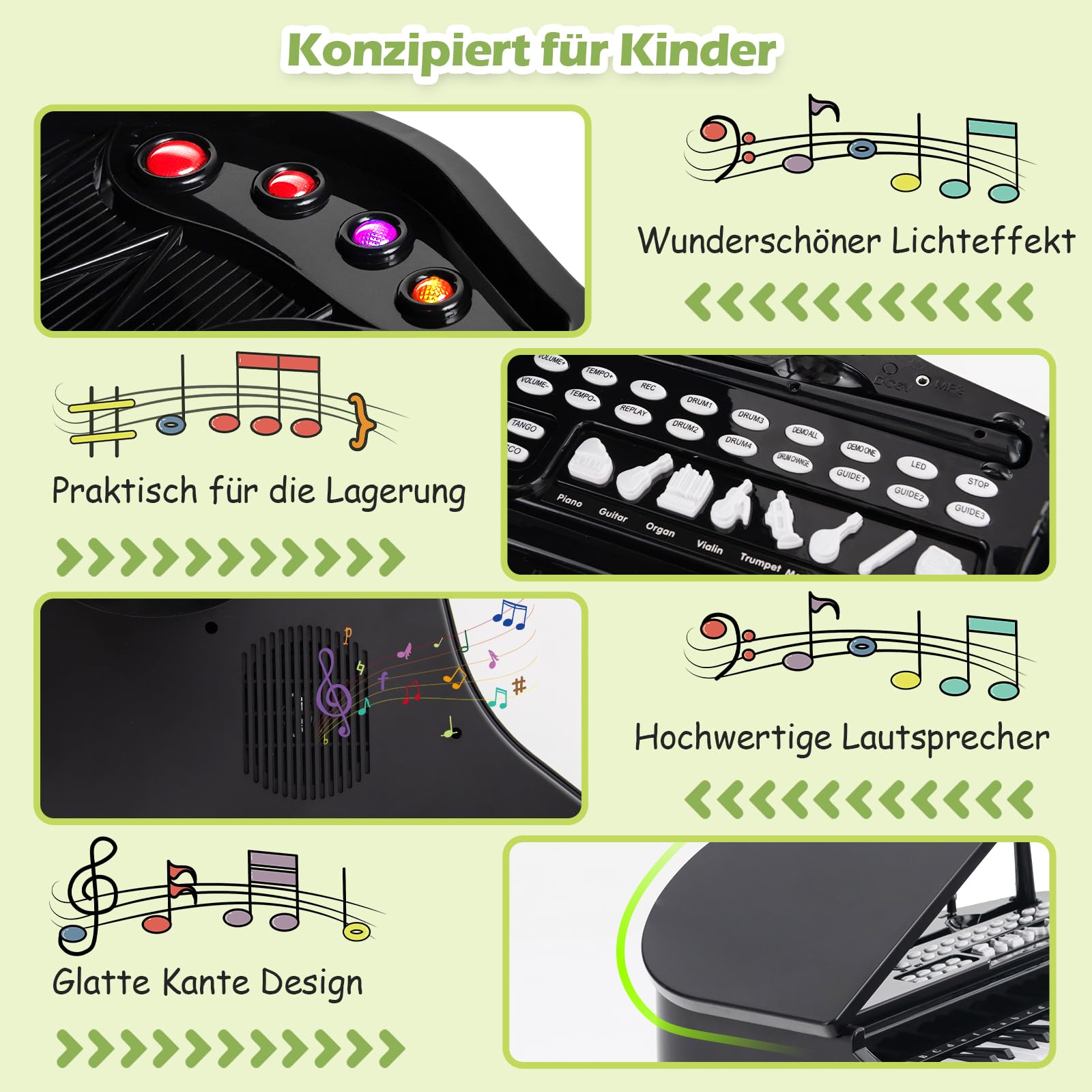 GOPLUS Kinder Keyboard mit 37 Tasten, Mini E-Piano mit LED Lichter, Mehreren Sounds, verstellbarem Mikrofon & Hocker, Elektronisches Klavier für Mädchen & Junge ab 3 Jahre (Schwarz)