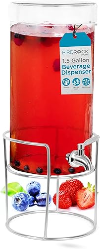 BIRDROCK HOME Dispensador de bebidas con soporte y espita de acero inoxidable, dispensador de bebidas de vidrio martillado para fiestas, hogar y