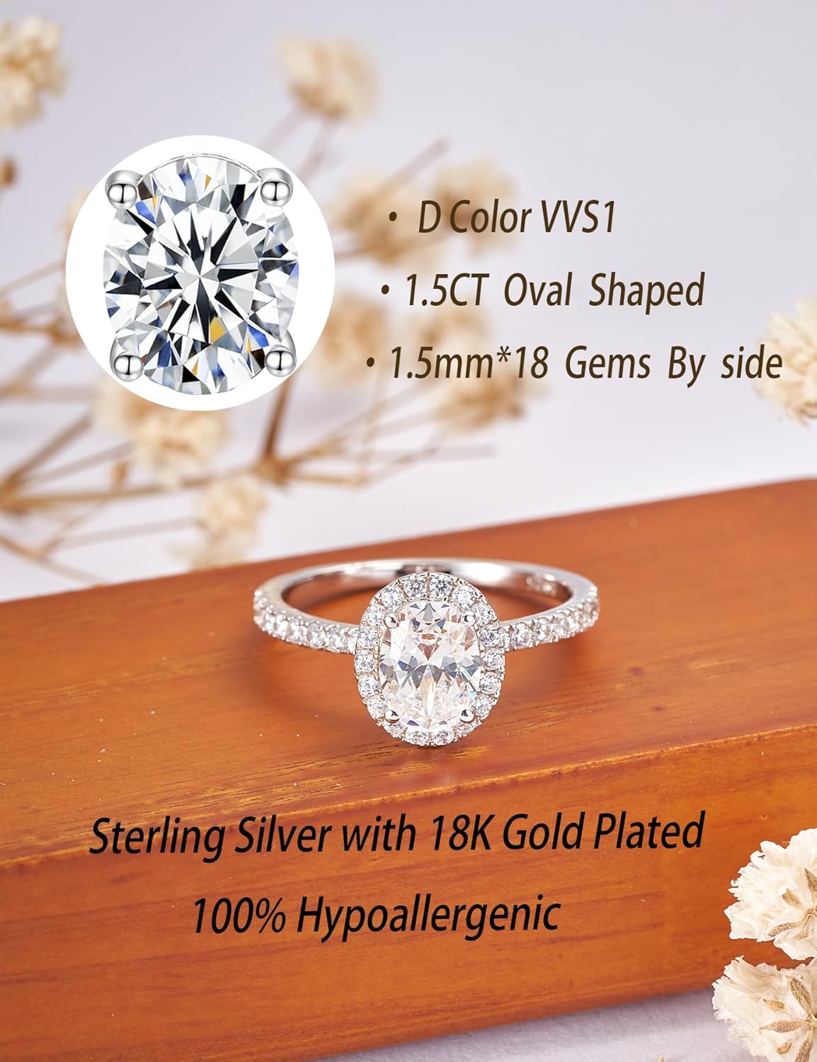 IMOLOVE Solitaire Engagement Rings for Women Halo Ring Promise Rings for her Sterling Silver plated with 18K White Gold Rings for Women 1.64ct D Color VVS1 Clarity Moissanite Size 4-11