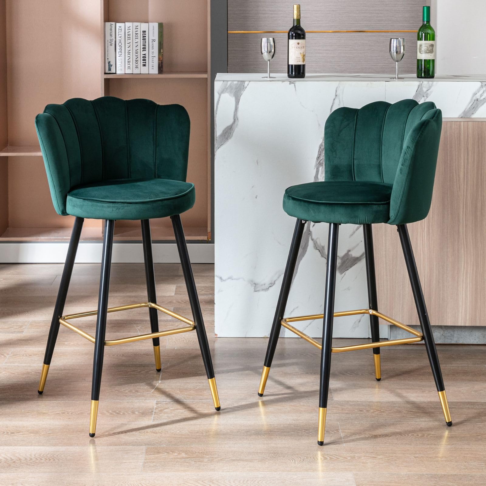 Juego de 2 Taburetes Alto con Cojin y Respaldo Comodo, Taburete de Cocina de Terciopelo con Patas de Metal, Taburete Alto para Bar/Restaurante,Verde