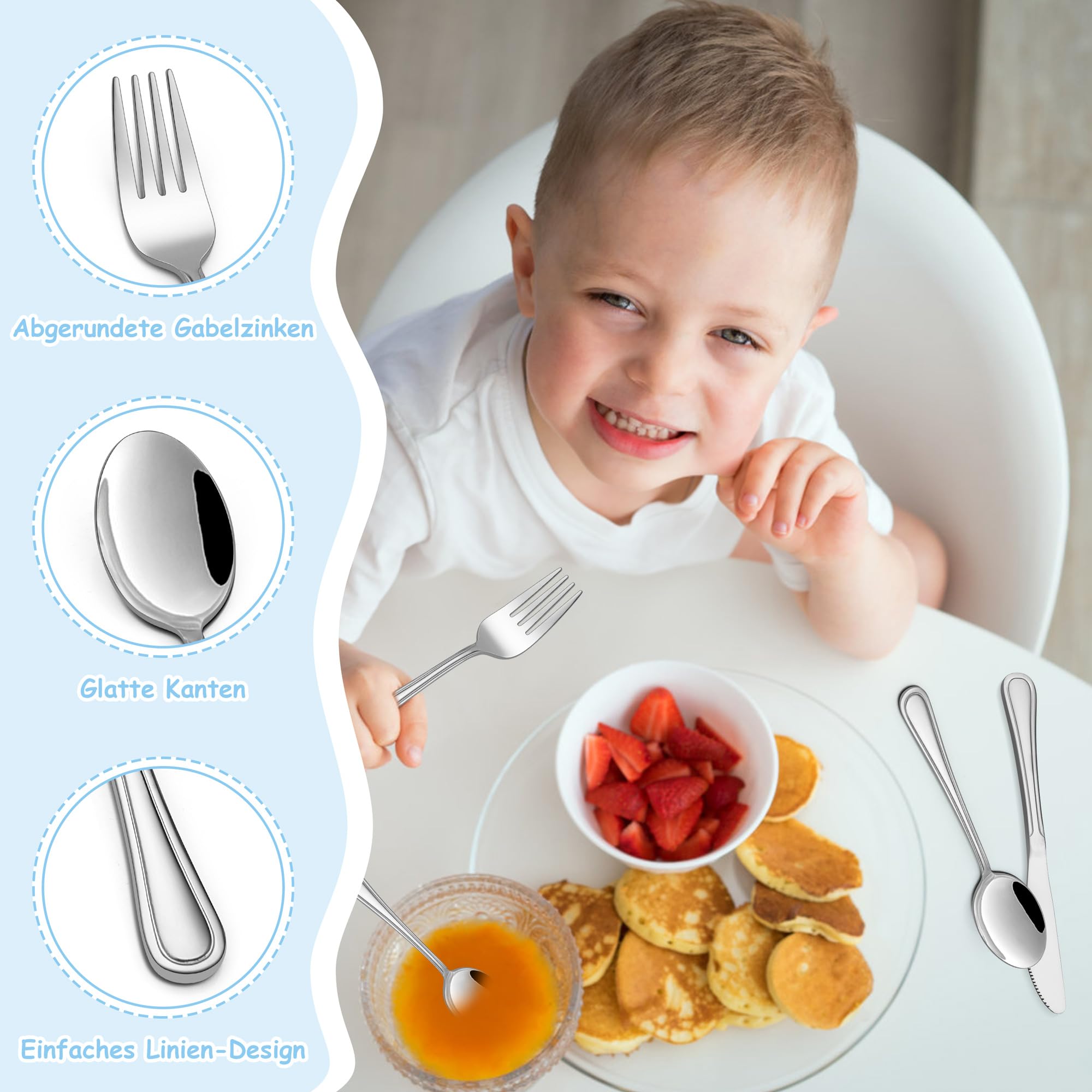 Joyfair - Set di posate per bambini, in acciaio inox, set di 8 posate per bambini, per ragazzi/ragazze, cucchiaio/coltello/forchetta a partire dai 3 anni, atossico e sano, lavabile in lavastoviglie