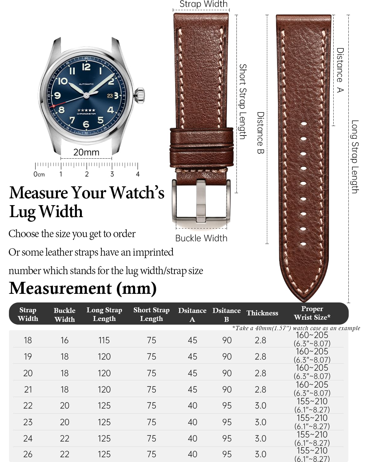 REZERO Bracelet de Montre, Sangle de Montre en Cuir Véritable Tanné Végétal et Cirée à l’Huile, Épais et Léger, Lanière de Remplacement pour Homme, Femme 18mm 19mm 20mm 21mm 22mm 23mm 24mm 26mm