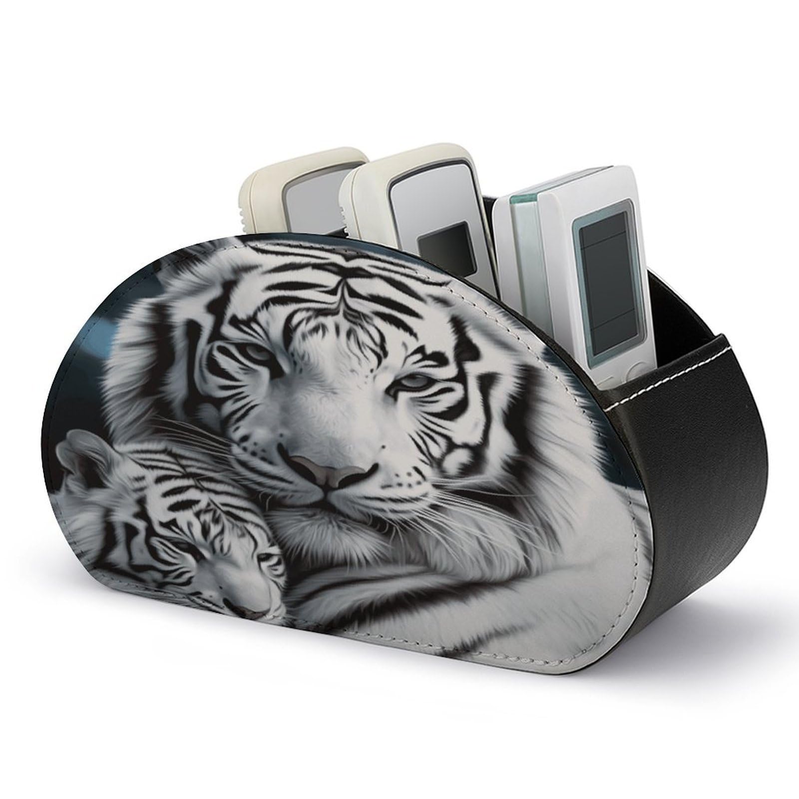 FodPand White Tiger Remote Control Holders PU Leather Remote Caddy Desktop Organizer with 5 Compartments TV Remote Holder Box Tray for Bedside Table Office Desk Accessories&Gift