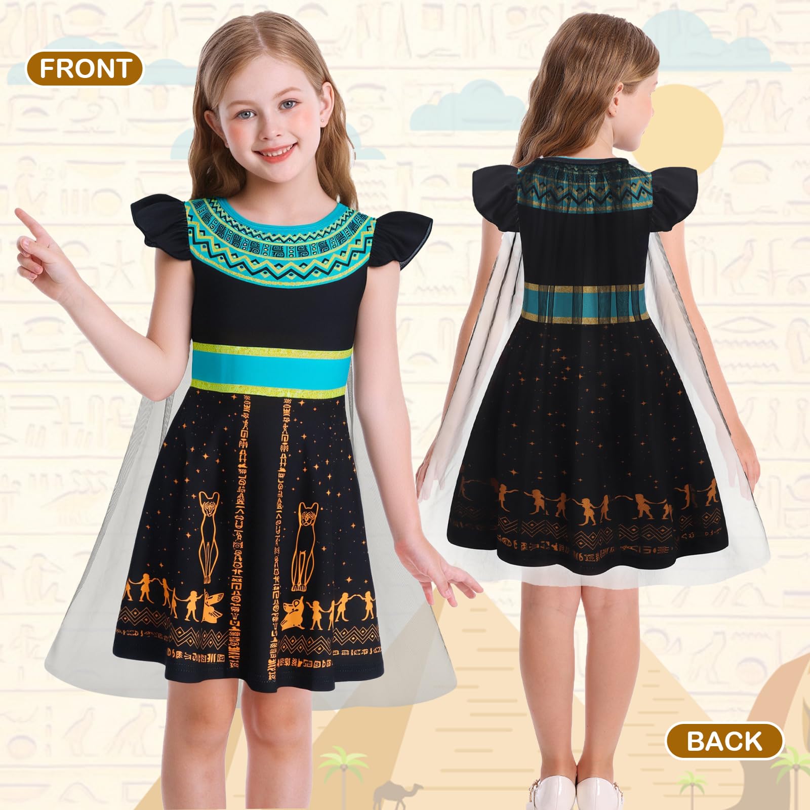 Jurebecia Kids Egyptian Dress Up Costume for Girls Ruffle Sleeve Dresses Egyptian Queen Costumes with Accessories Black 3-4 Years - Image 4