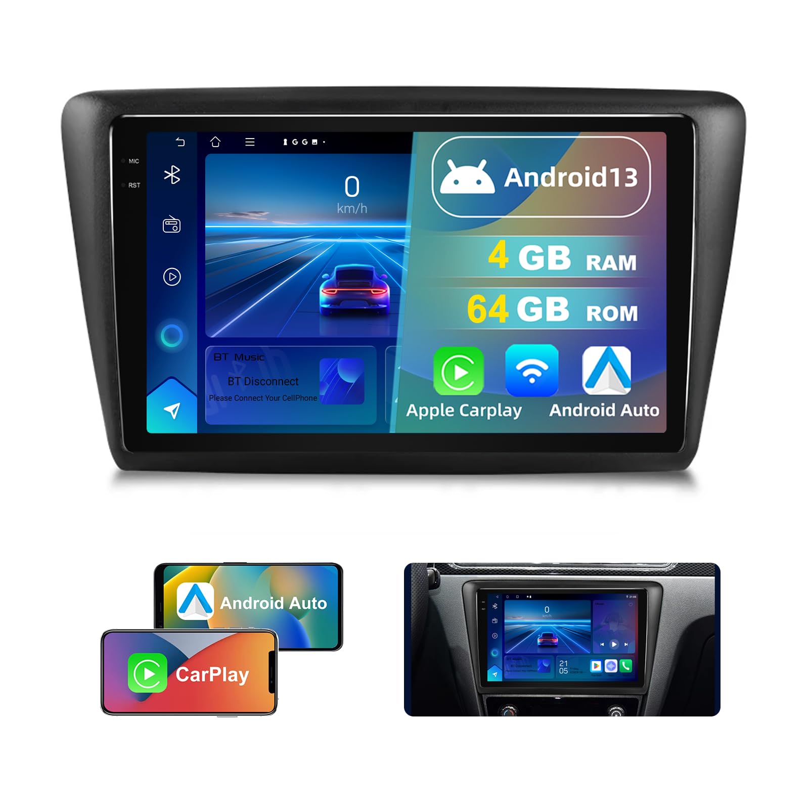 9 Zoll Autoradio für Skoda Rapid/Spaceback 2013-2019, Radio mit Kabellos CarPlay & Android Auto| 4+64G Android 13| QLED Display, 1080P Rückfahrkamera, GPS, WiFi, Bluetooth 5.4, DSP, RDS