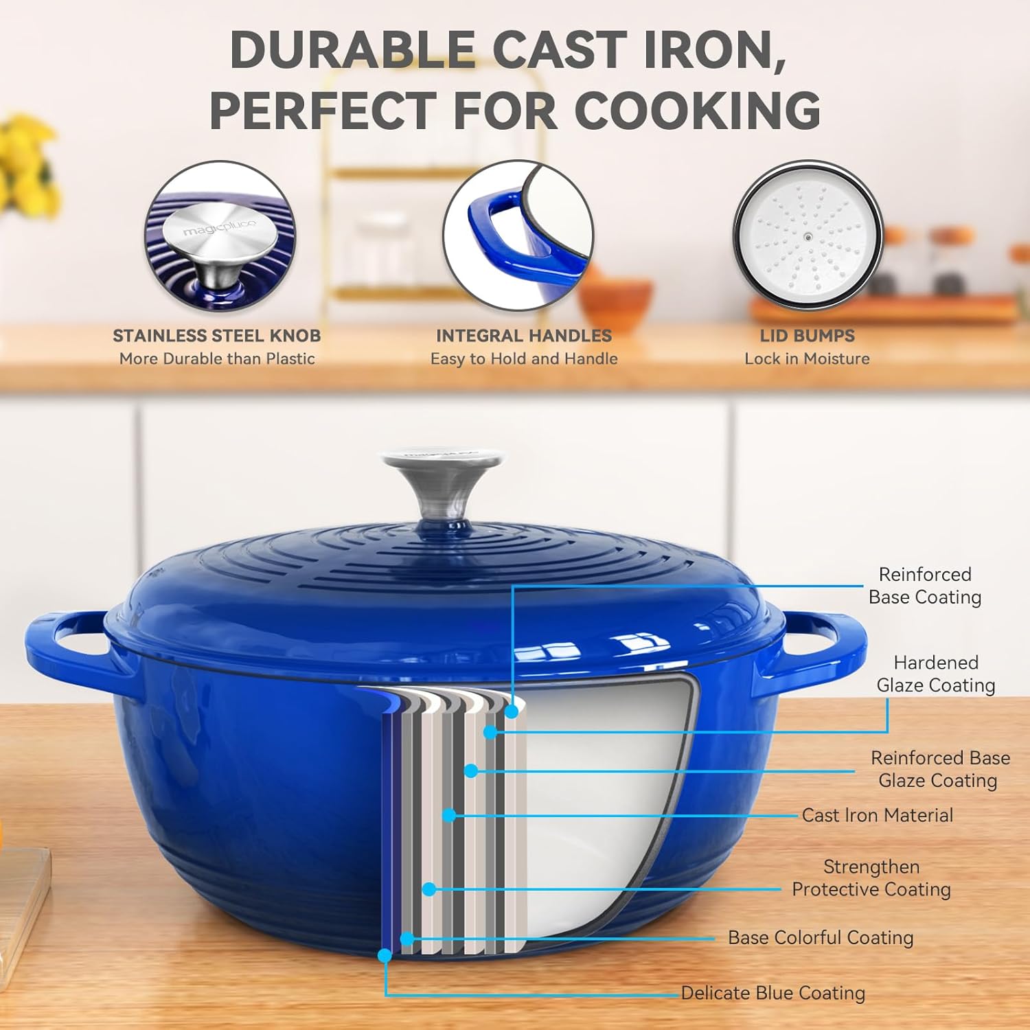 Diagram showing the layers of the Dutch oven's construction, including cast iron, protective coating, and enamel layers