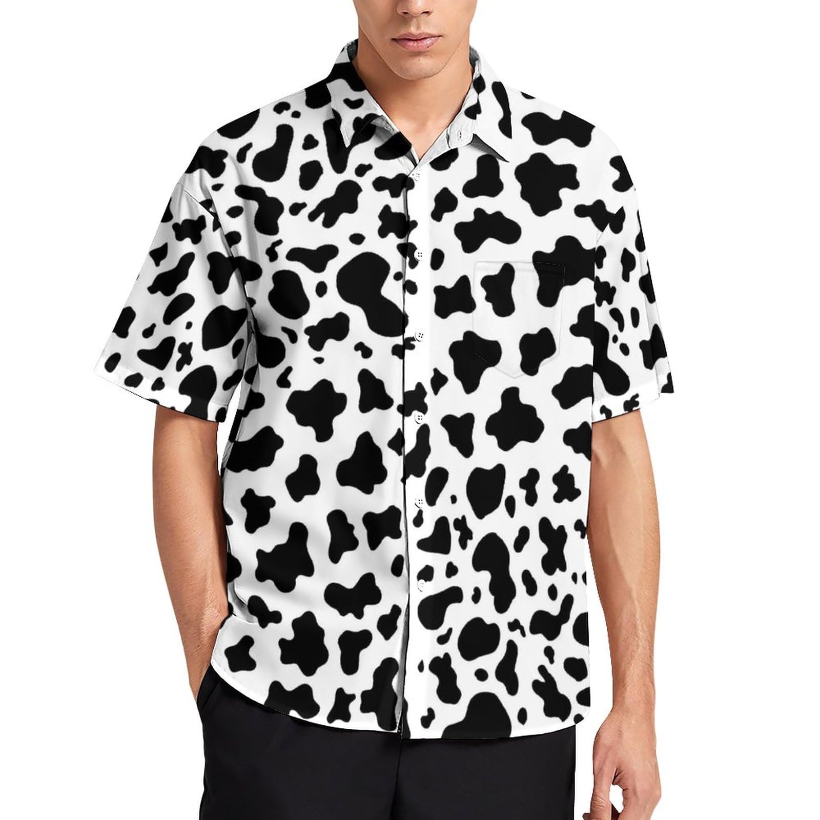 Lurhonp Men's Animal Print Casual Shirts Summer Short Sleeve Button Down Shirt, Cow, Large