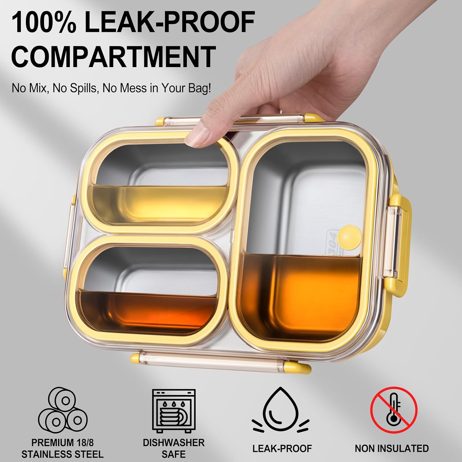 Stainless Steel Lunch Box for Kids & Adults - 25 oz - Leakproof 3 Compartment Metal Lunch Container - 18/8 Stainless Steel Bento Box - Ideal for School, Office & Outdoor - Dishwasher Safe (Yellow) - Image 3