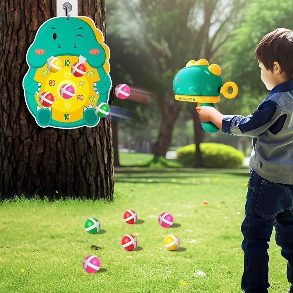 Gioco Freccette Bambini Dinosauro, Gioco di Tiro con Pistola Blaster Giocattolo per Freccette Bersaglio Giocattolo Pistola, 12 Palline Appiccicose, Giochi per Feste al Coperto e All'aperto