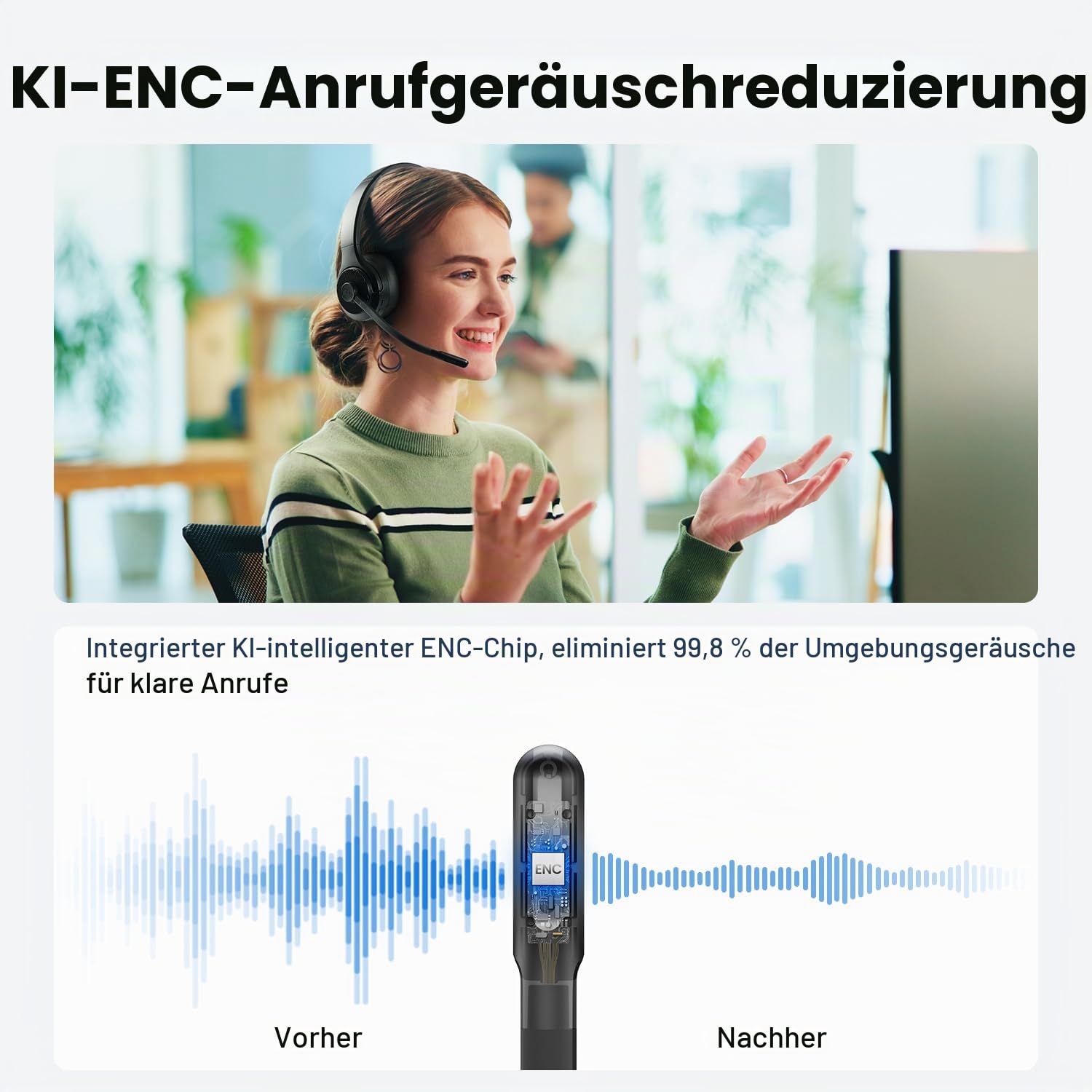 EKSA H3 Bluetooth Headset mit Mikrofon, [65 Stdn Wiedergabezeit & 30M Reichweite] Wireless Headset Mono PC Headset mit Mic Rauschunterdrückung, Upgraded 5.4 Bluetooth Kabellose Headset für Büro/Office