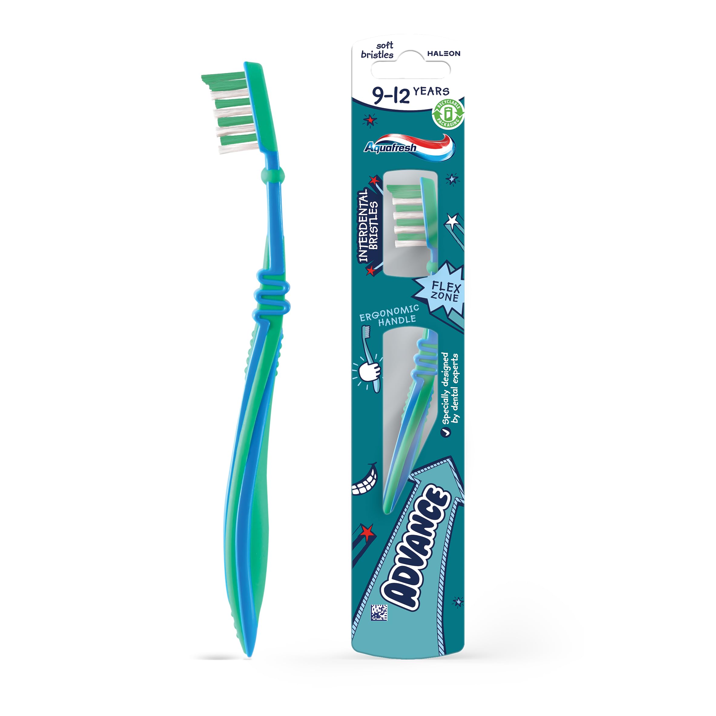 Aquafresh Advance Kids Toothbrush, Developed by Dental Experts for Children Aged 9-12 Years Old, Plastic-Free Packaging, Soft Toothbrush