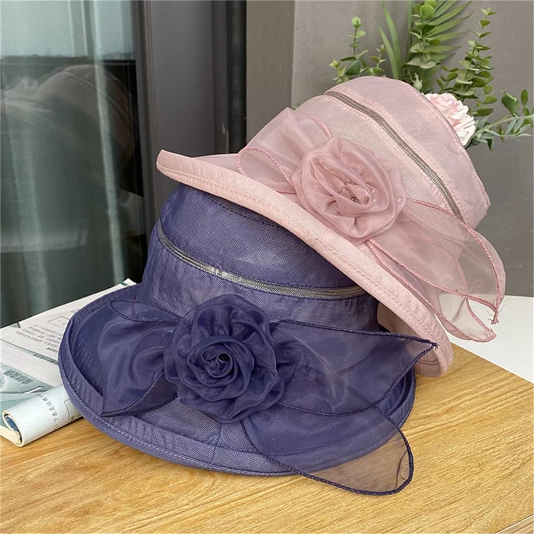 Yeuyyben Cappello da spiaggia da donna, estivo, alla moda, in organza, a tesa larga, cappello da sole, elegante cappello da chiesa per matrimoni, tè e feste